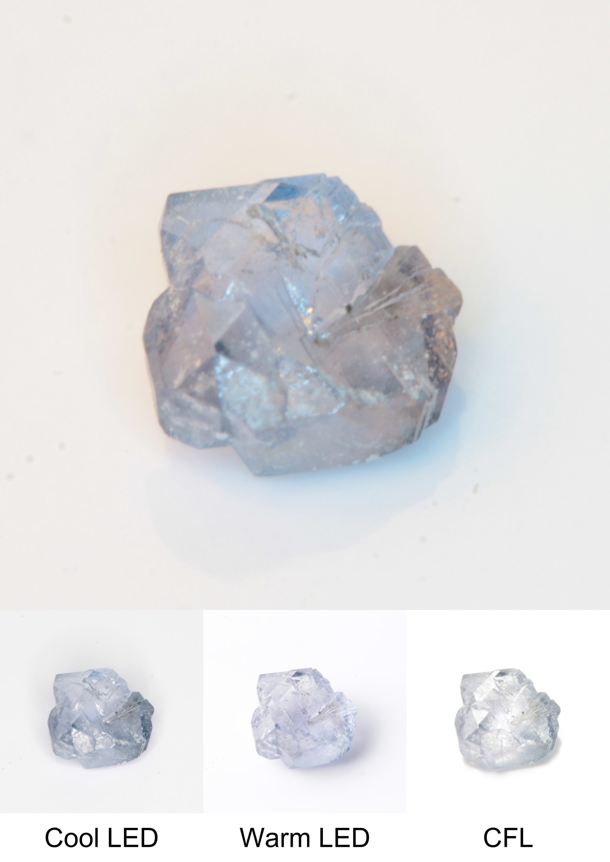 Synthetic Flux Playbutton Sapphire Gemstone Grown by Gems of Science on a white background showing color shift under different lighting