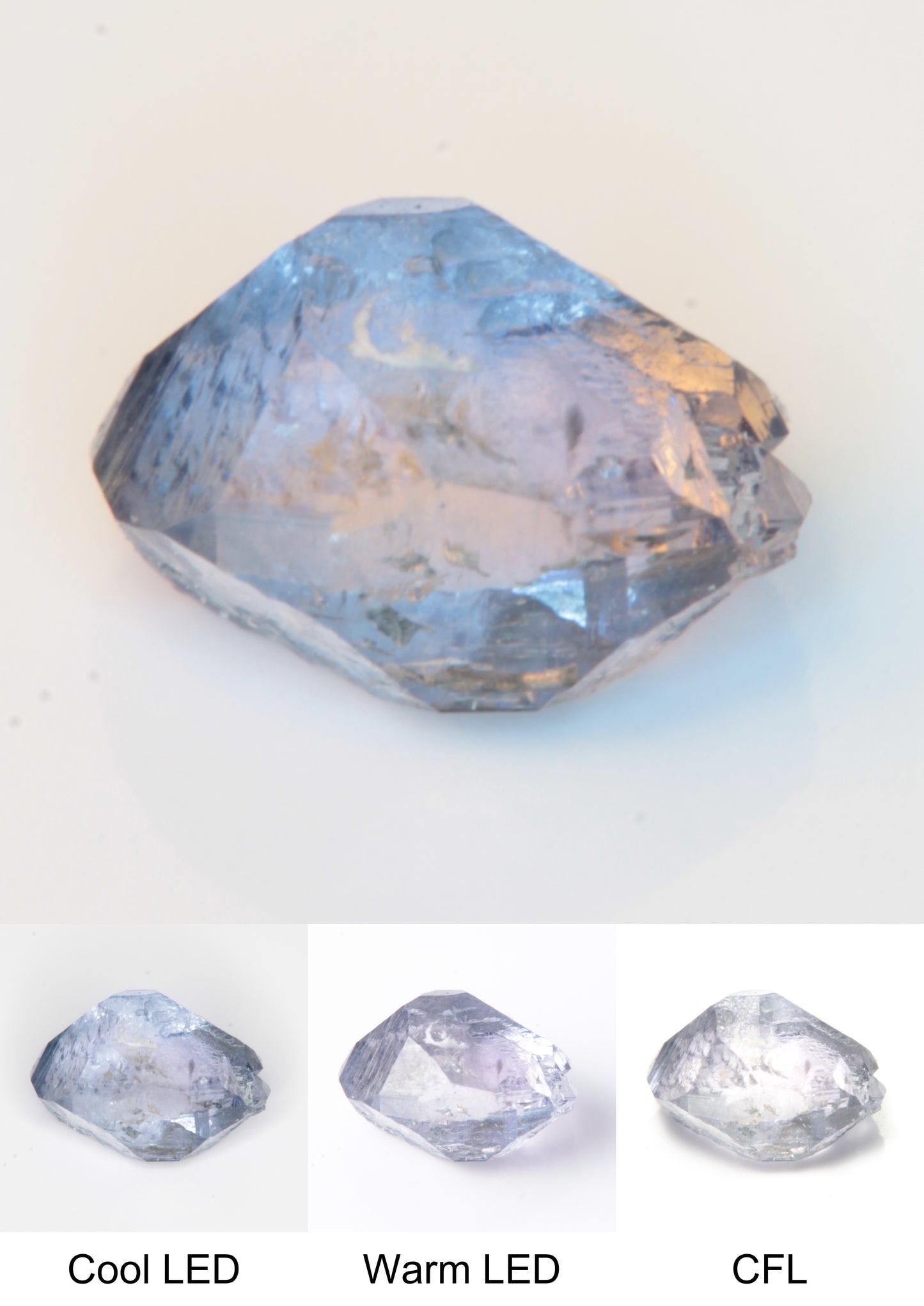 Synthetic Flux Playbutton Sapphire Gemstone Grown by Gems of Science on a white background showing color shift under different lighting