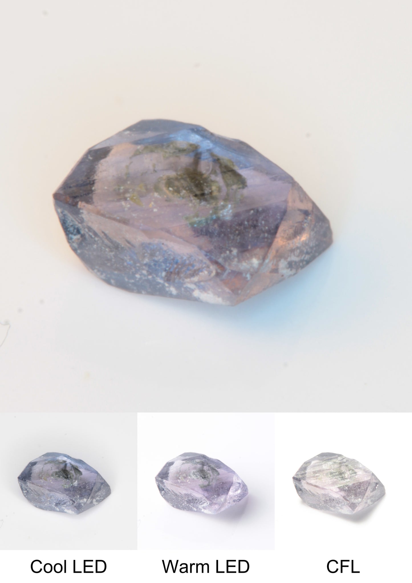Synthetic Flux Playbutton Sapphire Gemstone Grown by Gems of Science on a white background showing color shift under different lighting