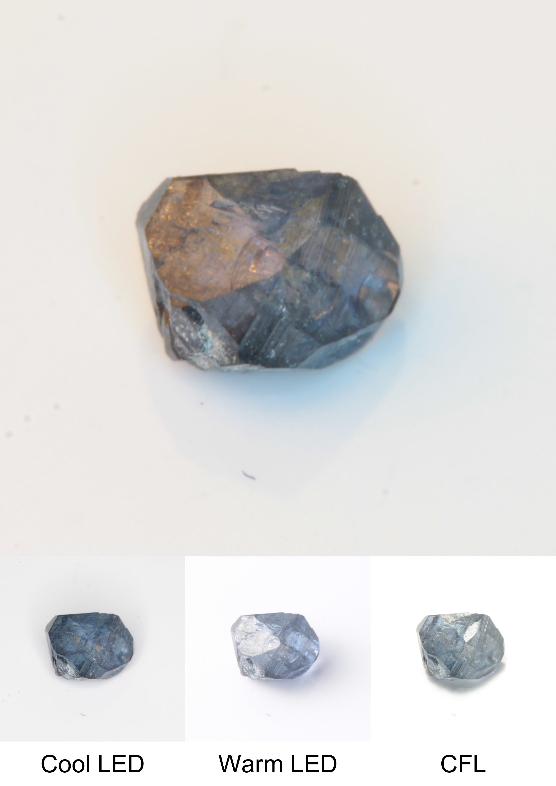Synthetic Flux Playbutton Sapphire Gemstone Grown by Gems of Science on a white background showing color shift under different lighting