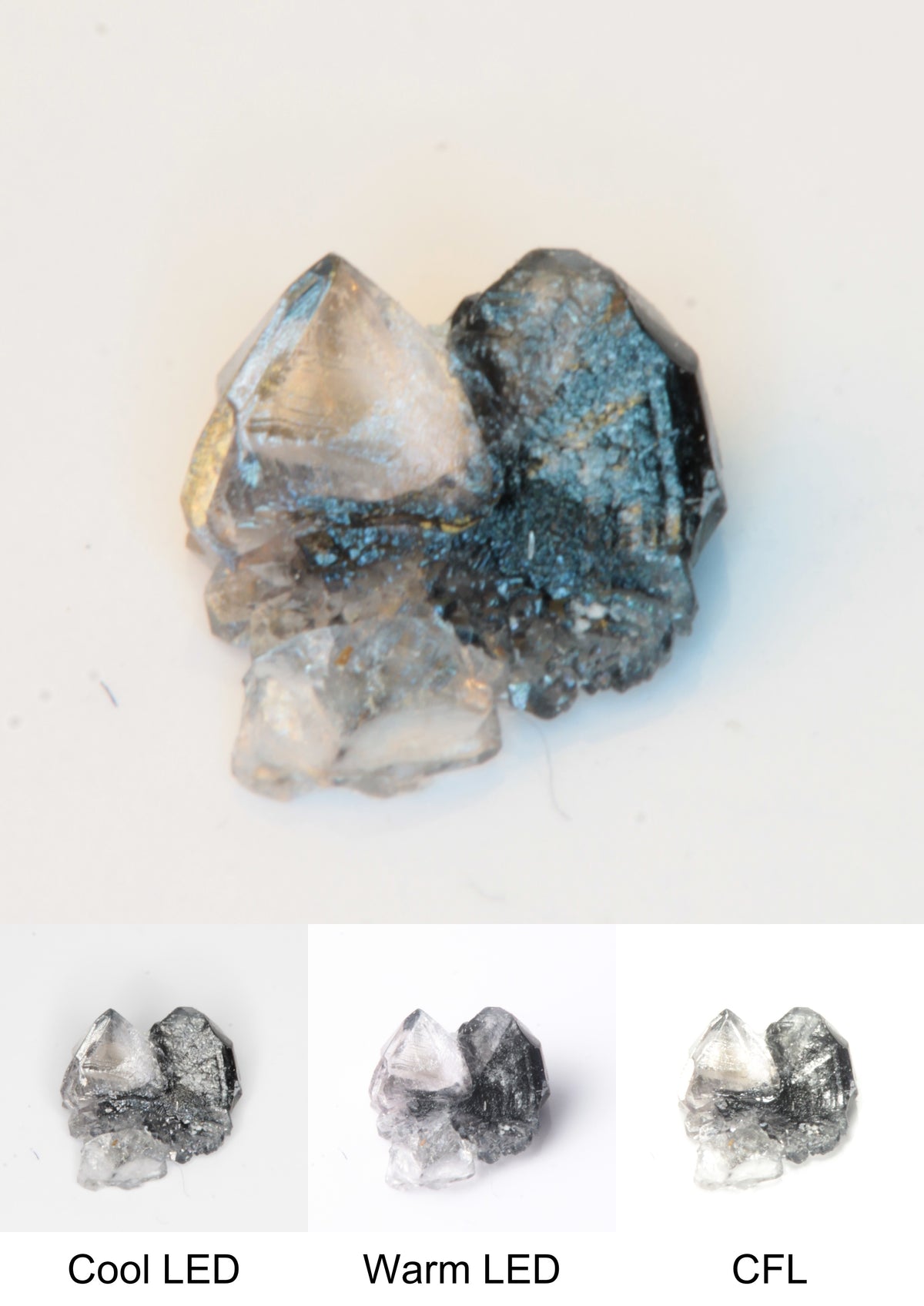 Synthetic Flux Playbutton Sapphire Gemstone Grown by Gems of Science on a white background showing color shift under different lighting