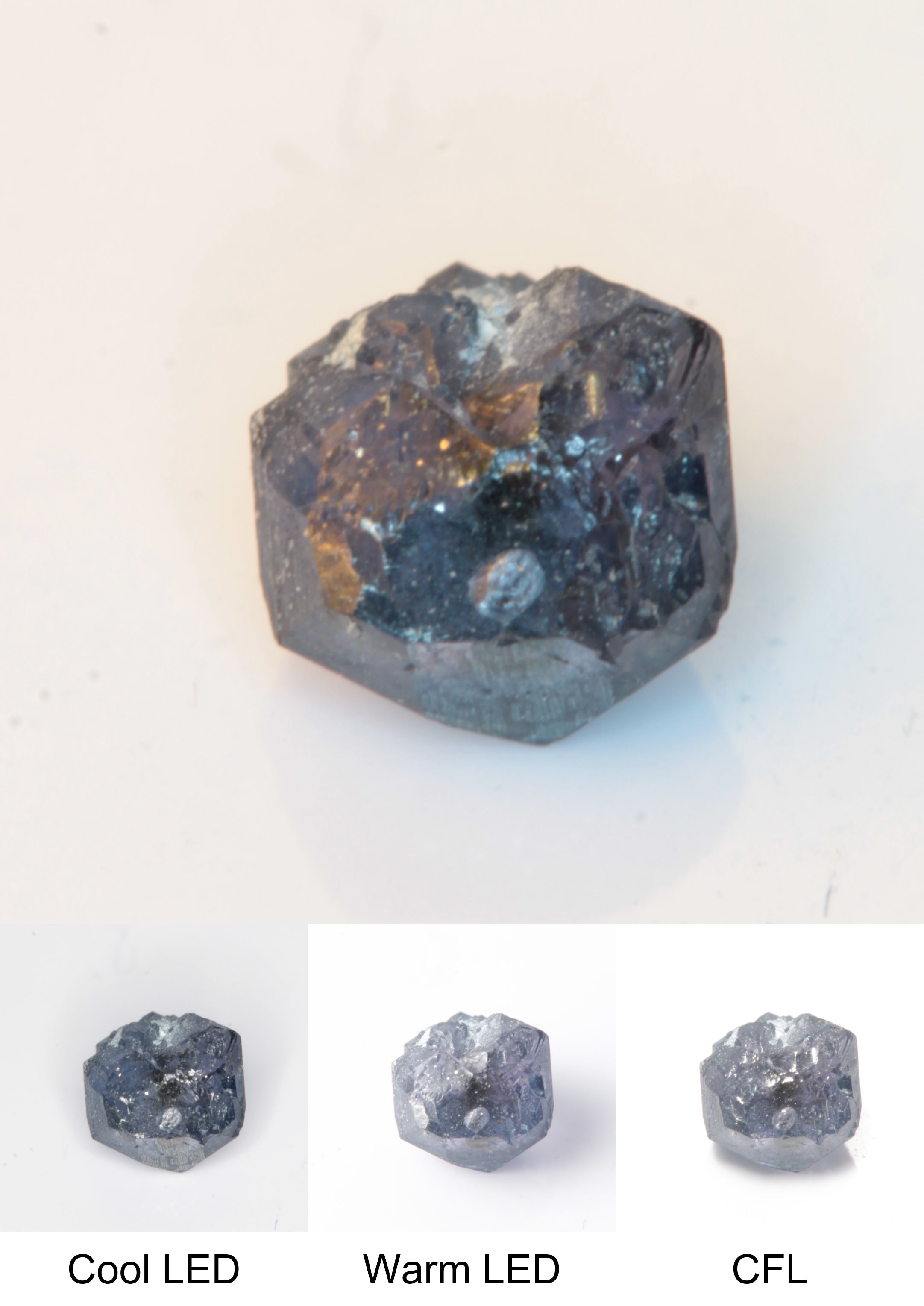 Synthetic Flux Playbutton Sapphire Gemstone Grown by Gems of Science on a white background showing color shift under different lighting