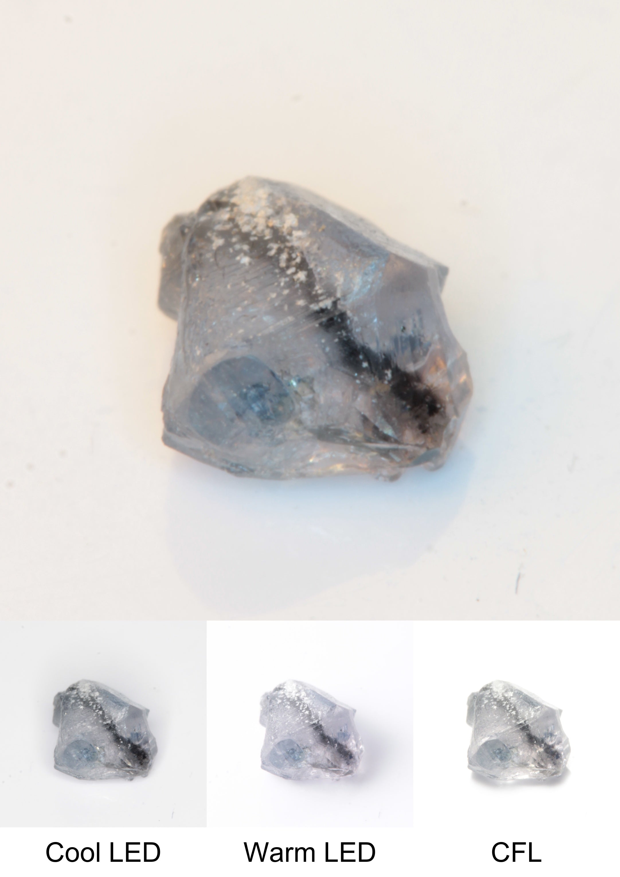 Synthetic Flux Playbutton Sapphire Gemstone Grown by Gems of Science on a white background showing color shift under different lighting