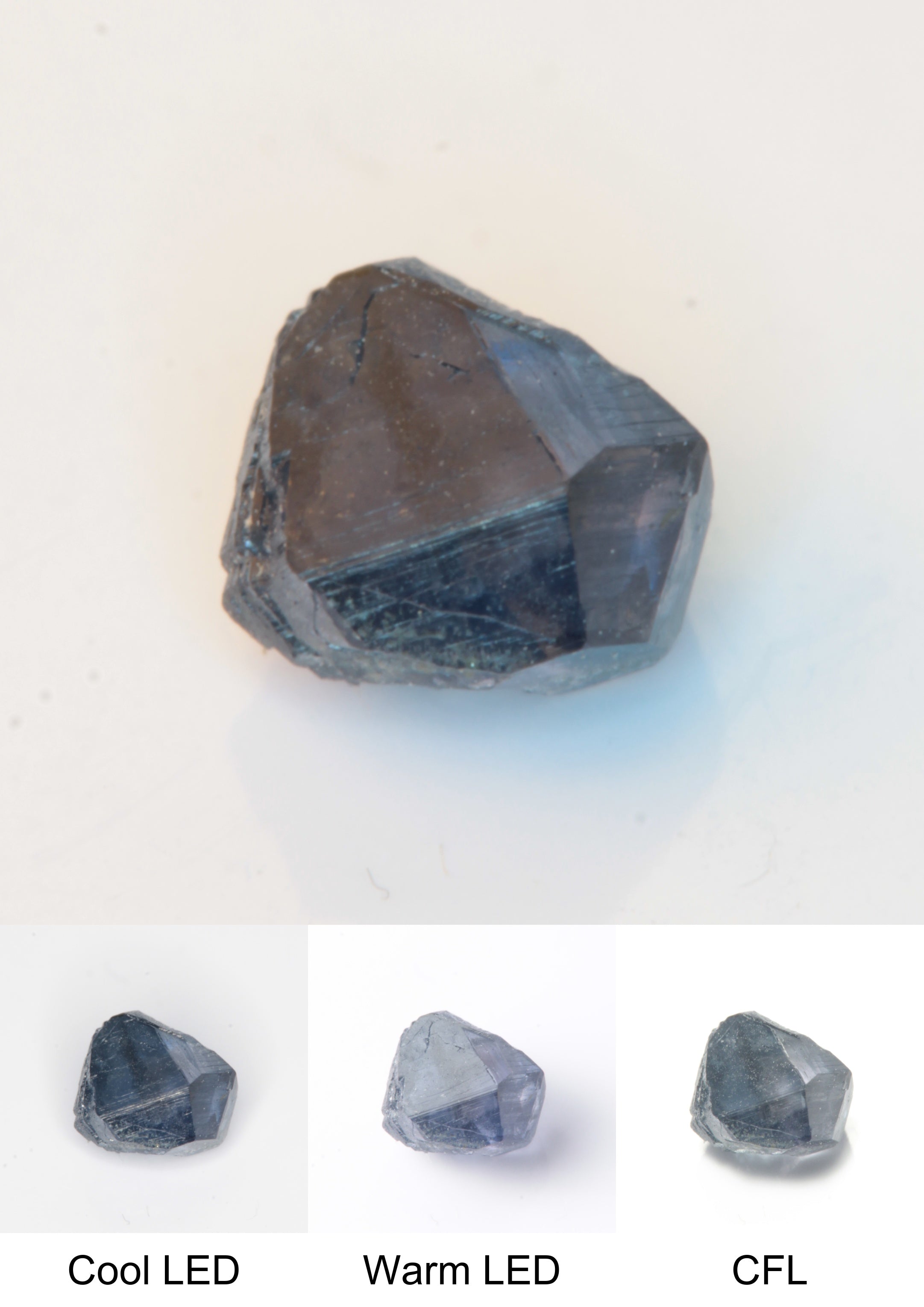 Synthetic Flux Playbutton Sapphire Gemstone Grown by Gems of Science on a white background showing color shift under different lighting