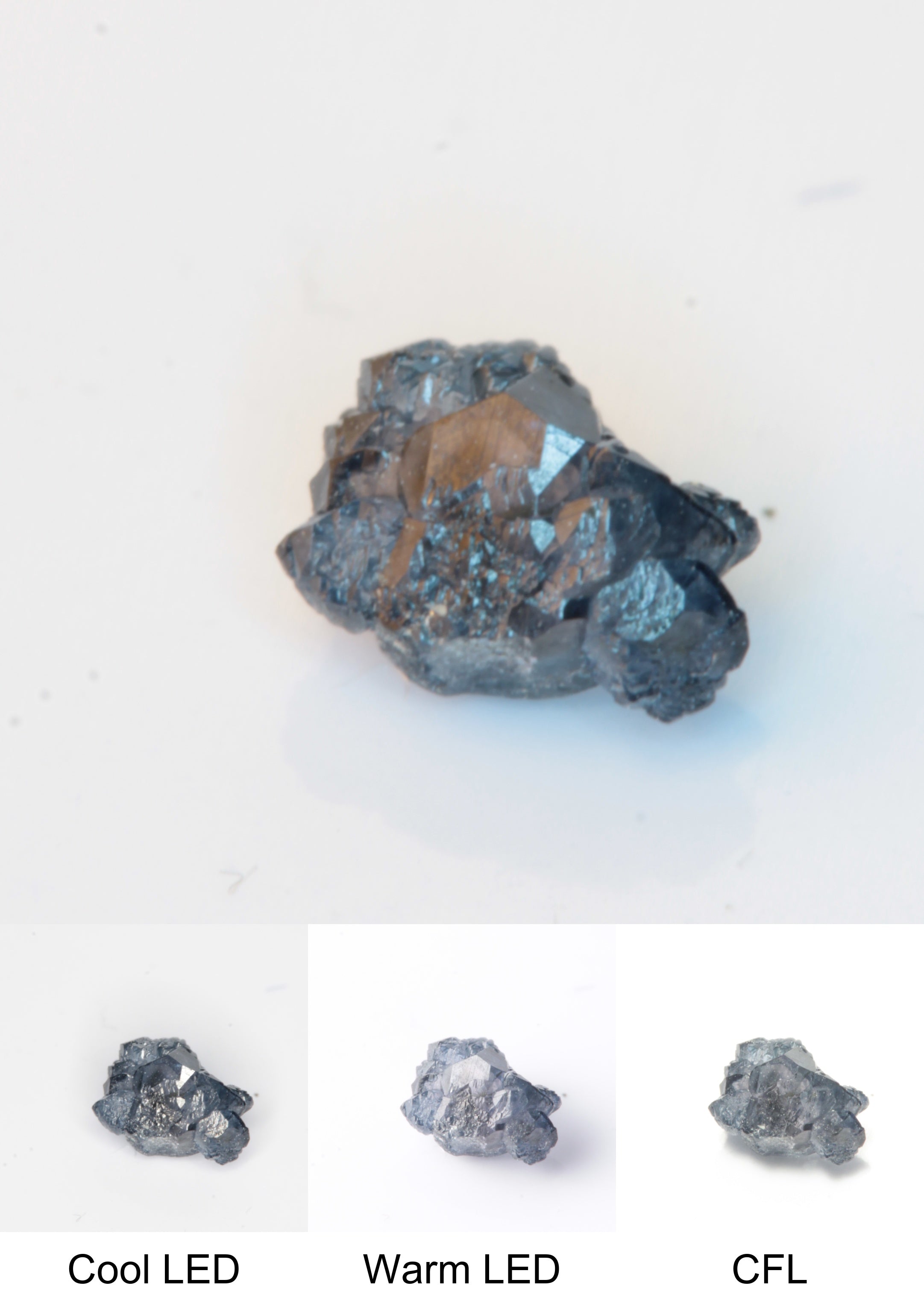 Synthetic Flux Playbutton Sapphire Gemstone Grown by Gems of Science on a white background showing color shift under different lighting