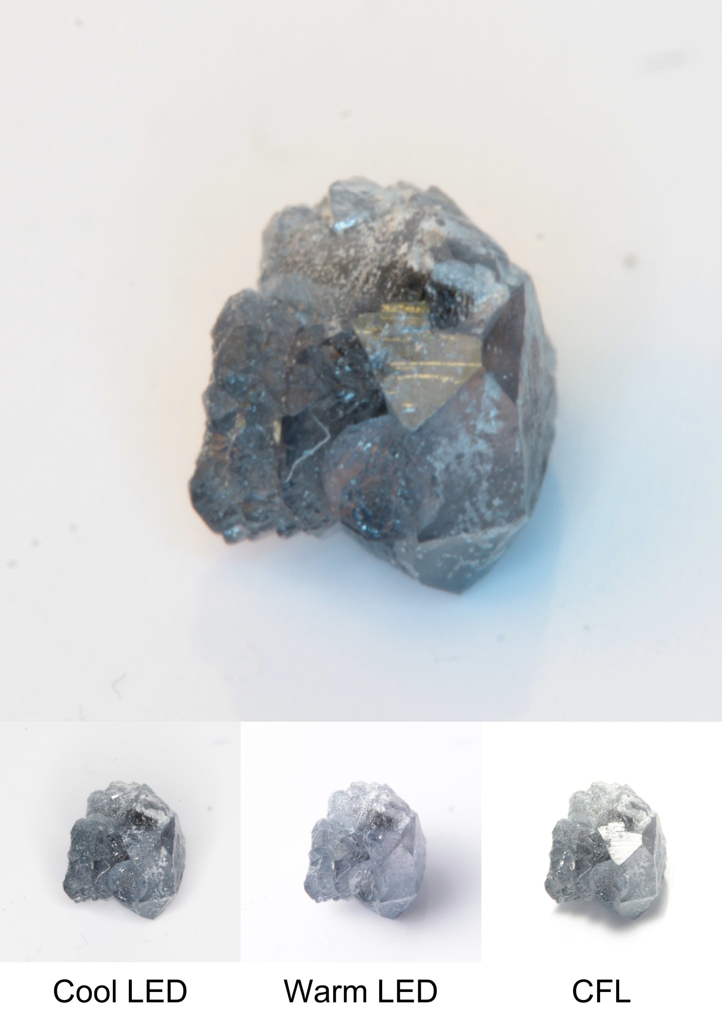 Synthetic Flux Playbutton Sapphire Gemstone Grown by Gems of Science on a white background showing color shift under different lighting