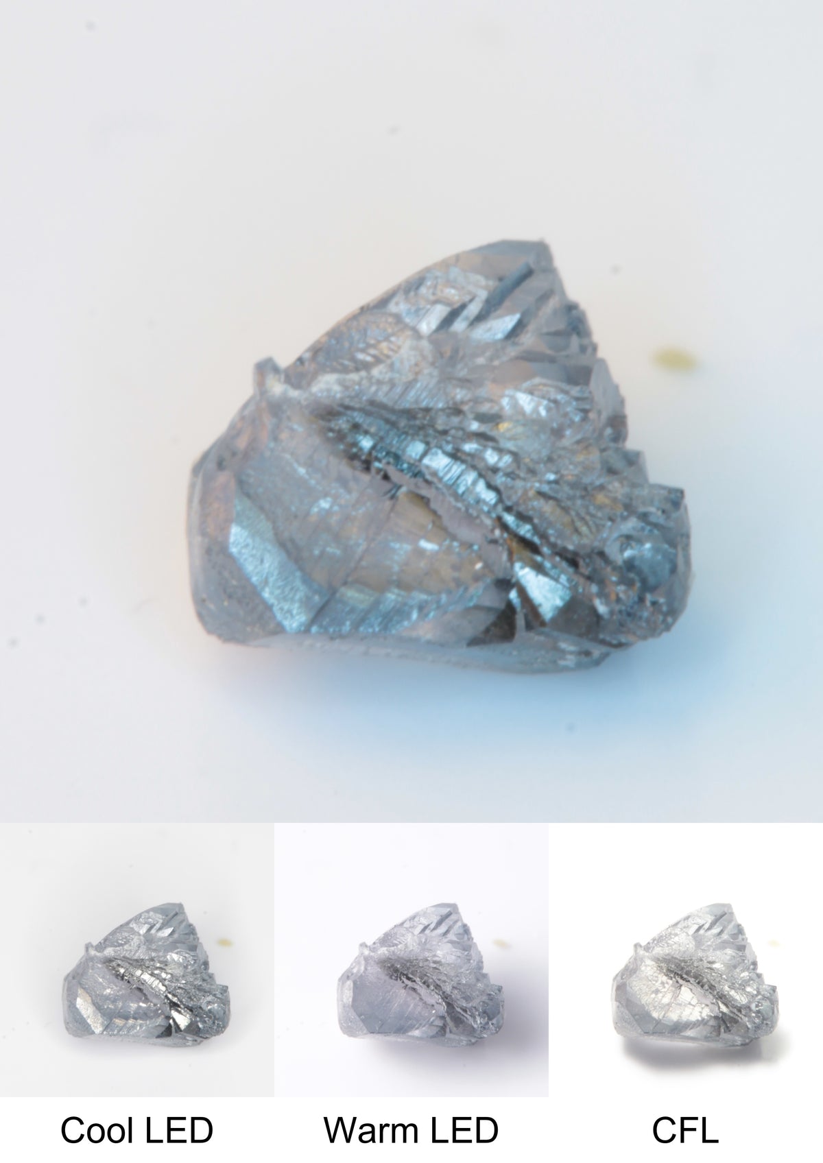 Synthetic Flux Playbutton Sapphire Gemstone Grown by Gems of Science on a white background showing color shift under different lighting