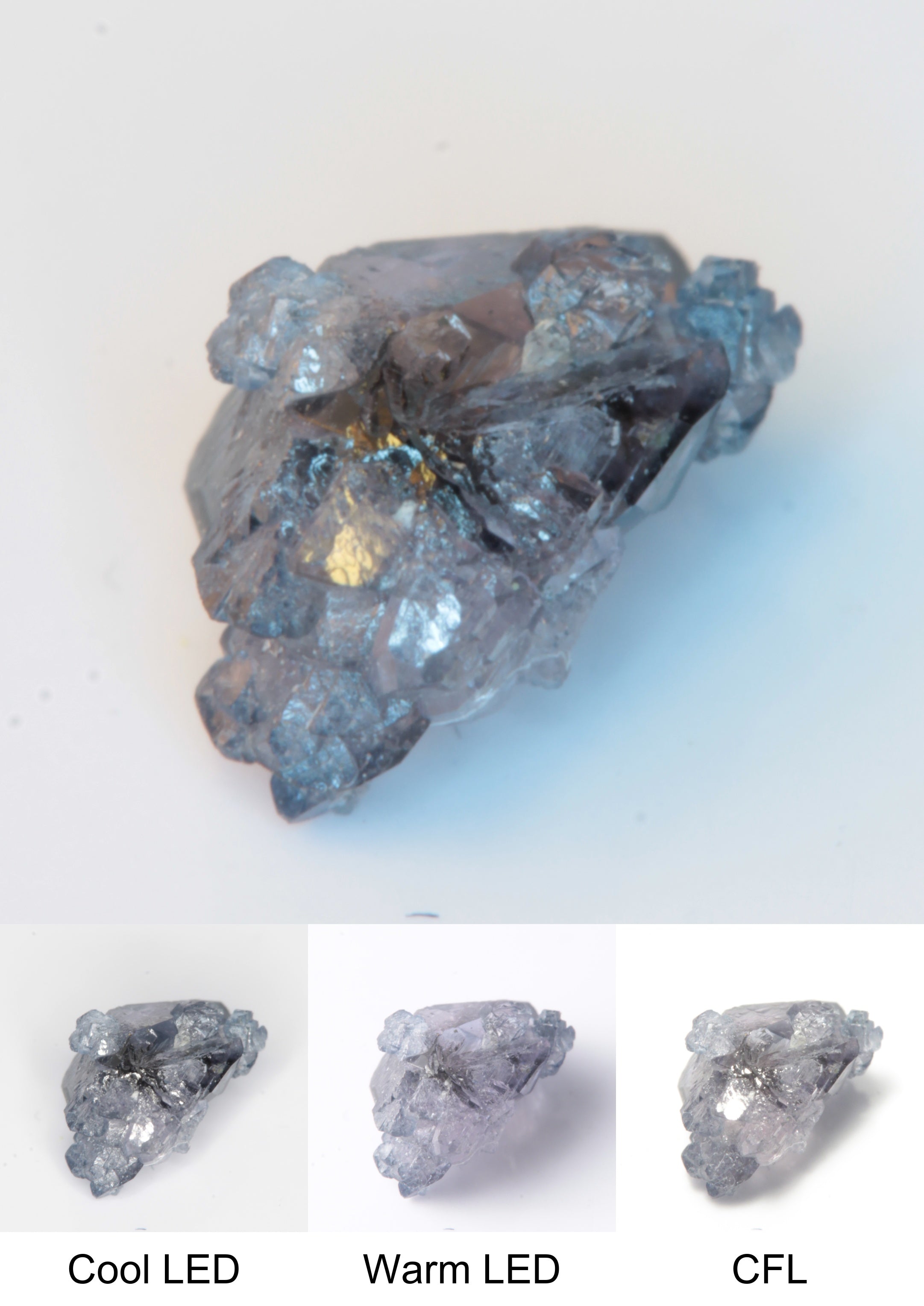 Synthetic Flux Playbutton Sapphire Gemstone Grown by Gems of Science on a white background showing color shift under different lighting