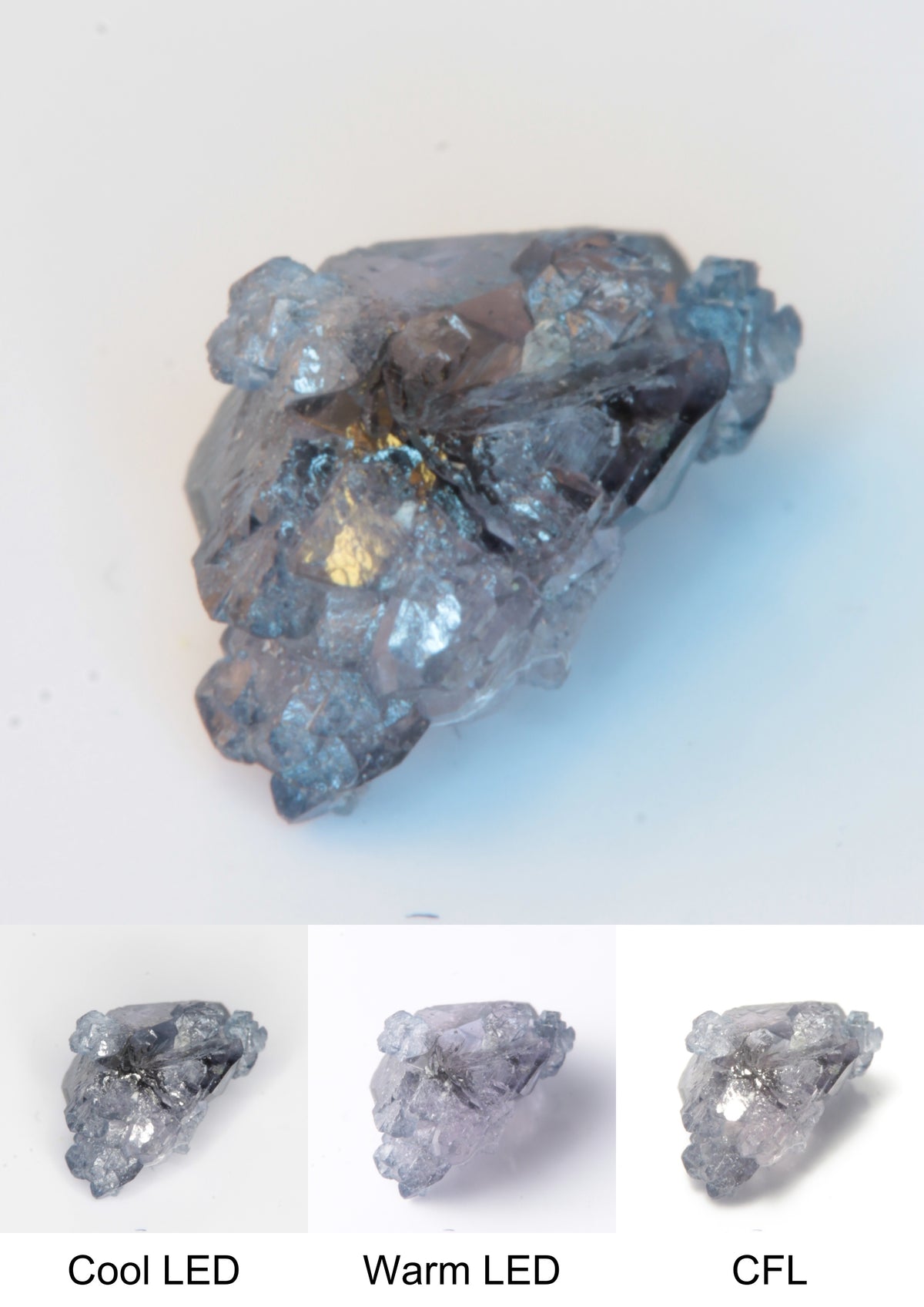 Synthetic Flux Playbutton Sapphire Gemstone Grown by Gems of Science on a white background showing color shift under different lighting