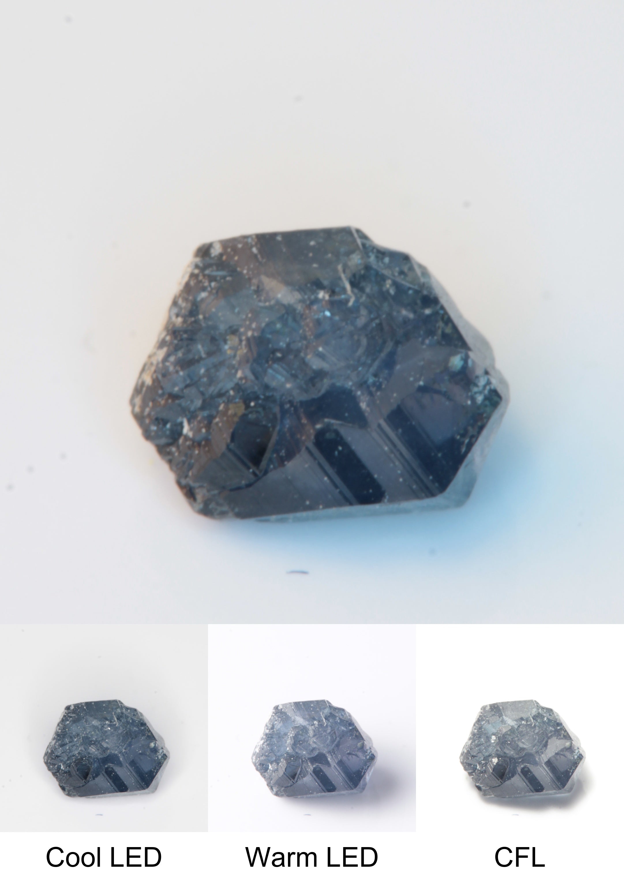 Synthetic Flux Playbutton Sapphire Gemstone Grown by Gems of Science on a white background showing color shift under different lighting