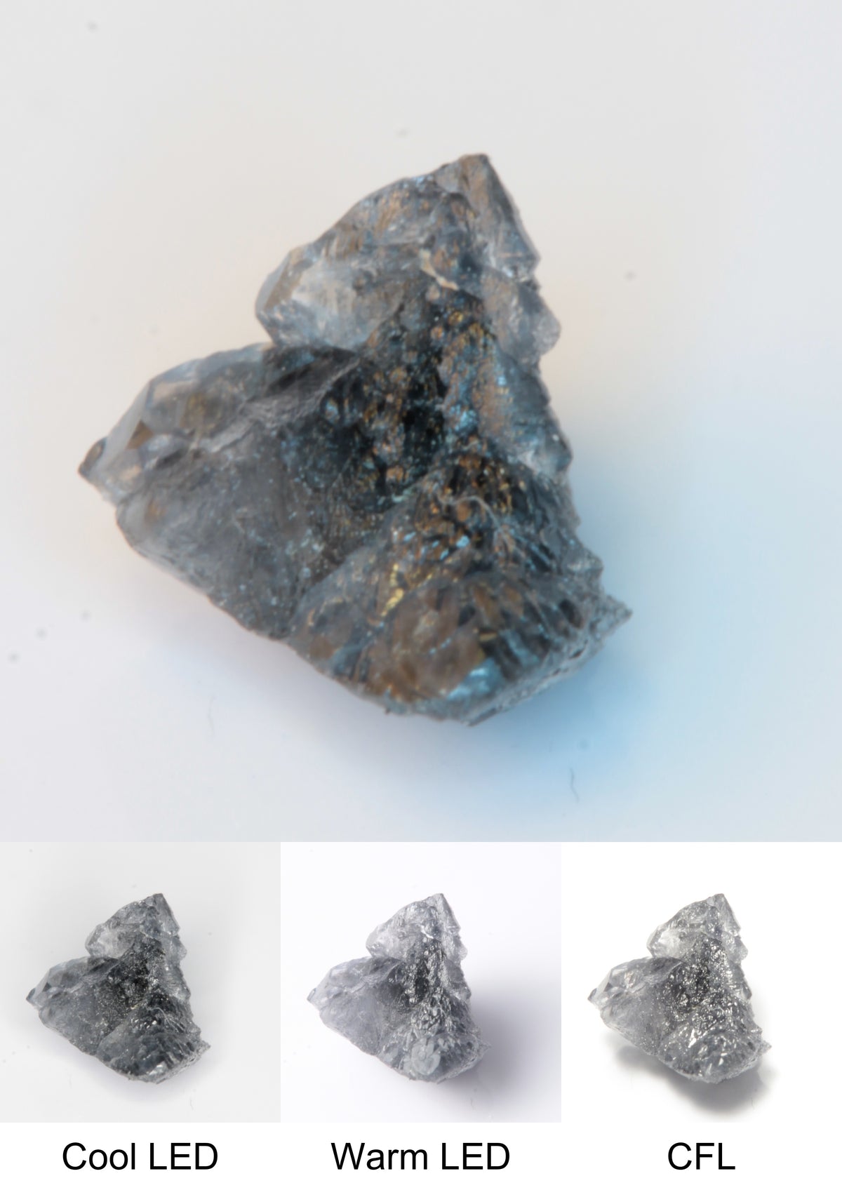 Synthetic Flux Playbutton Sapphire Cluster Gemstone Grown by Gems of Science on a white background showing color shift under different lighting