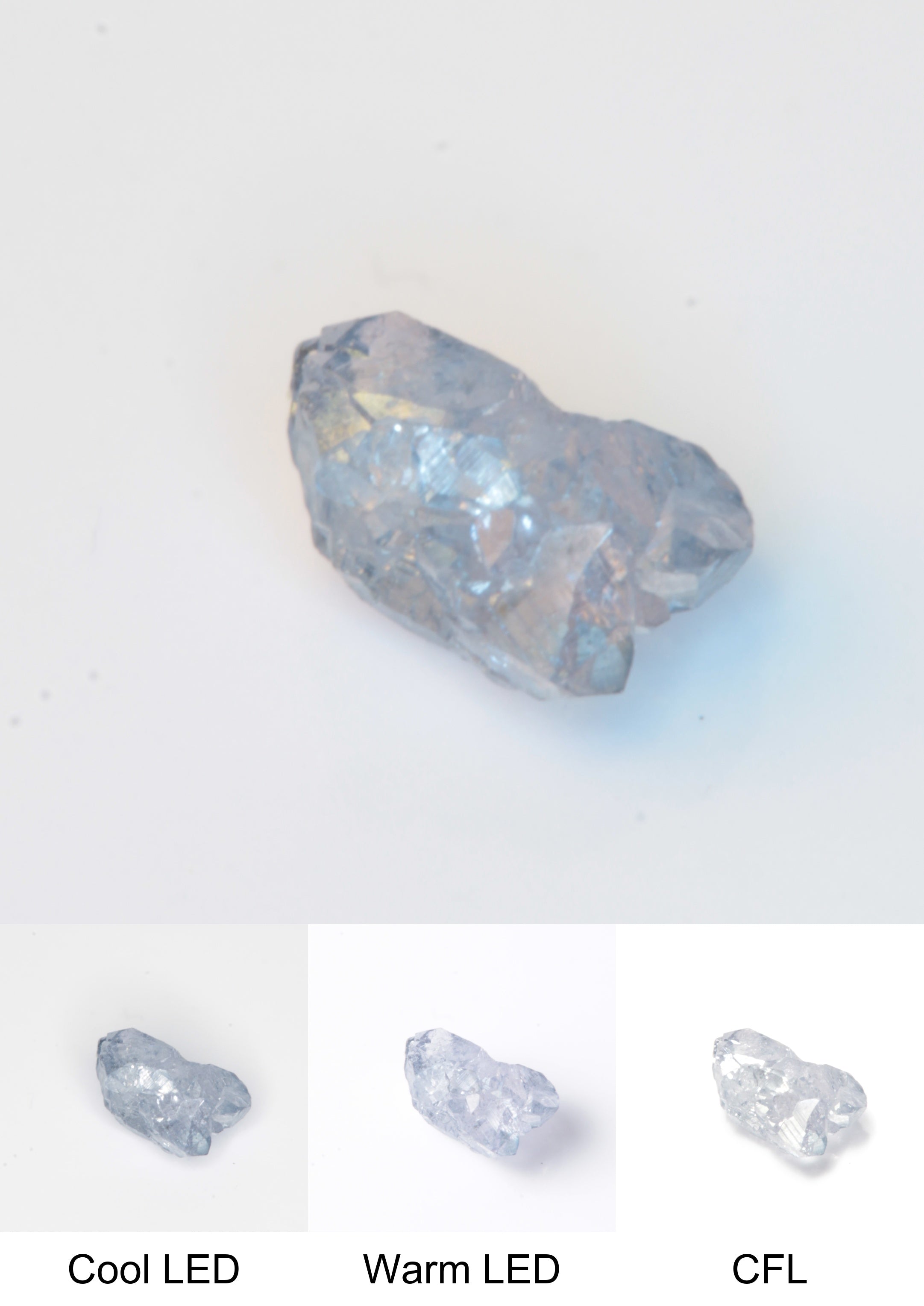 Synthetic Flux Playbutton Sapphire Gemstone Grown by Gems of Science on a white background showing color shift under different lighting