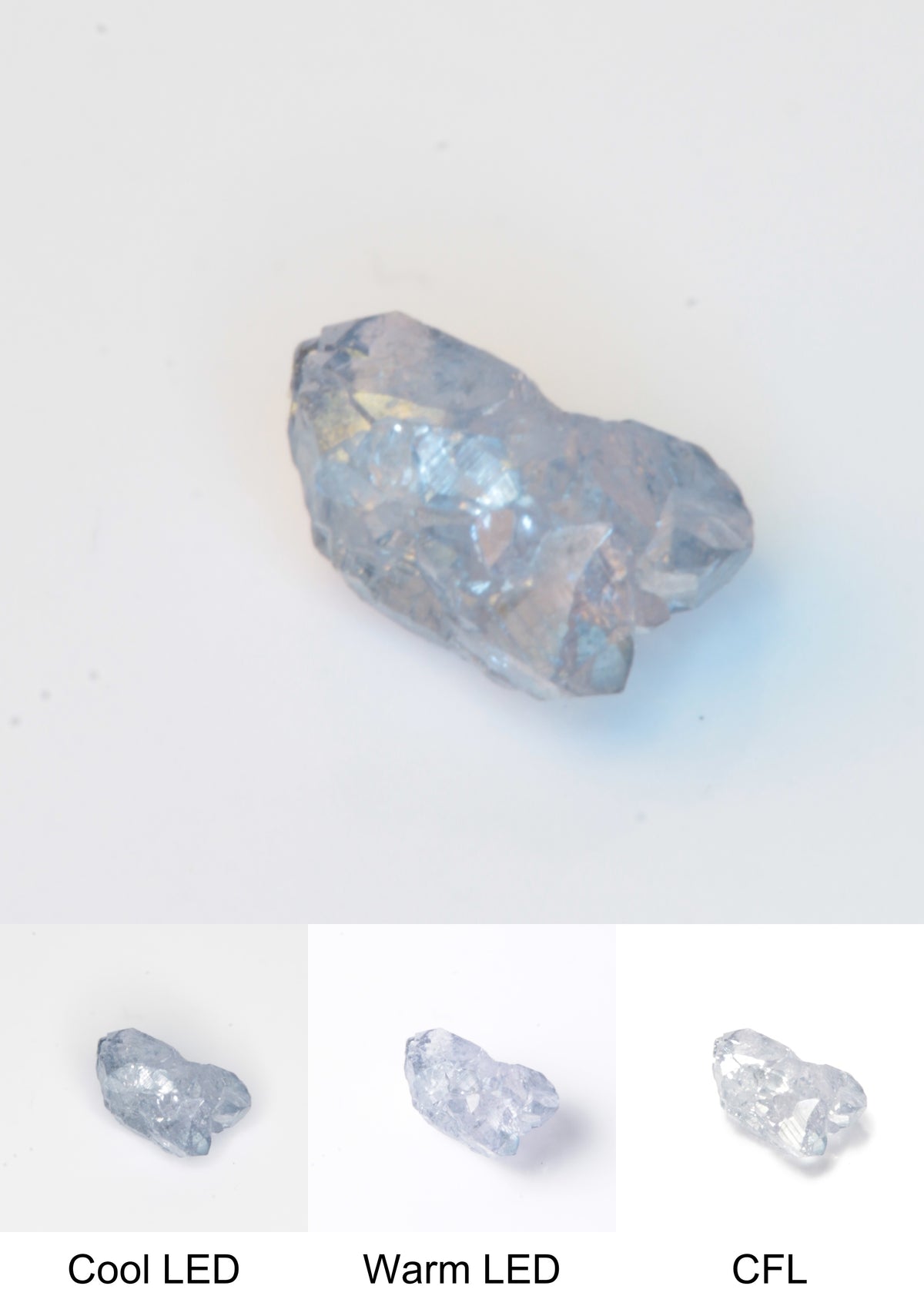 Synthetic Flux Playbutton Sapphire Gemstone Grown by Gems of Science on a white background showing color shift under different lighting