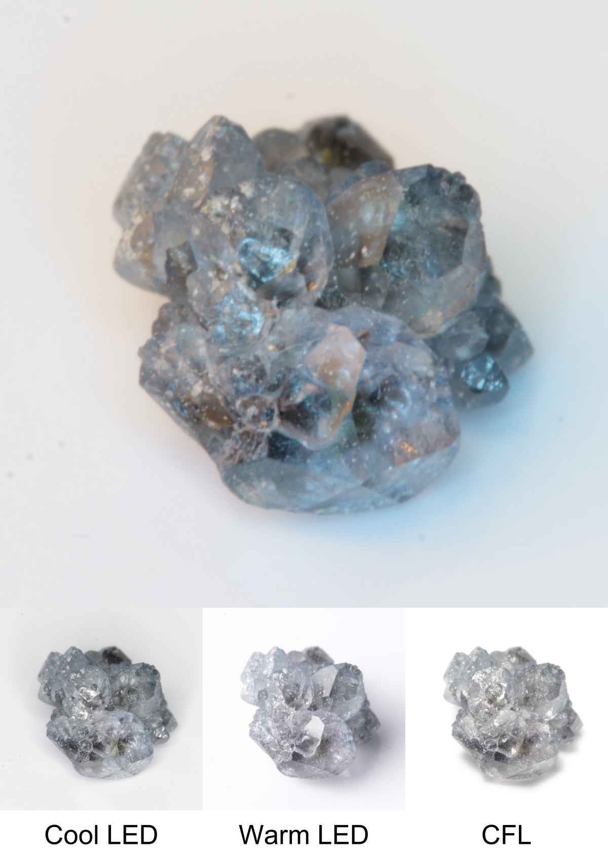 Synthetic Flux Playbutton Sapphire Cluster Gemstone Grown by Gems of Science on a white background showing color shift under different lighting