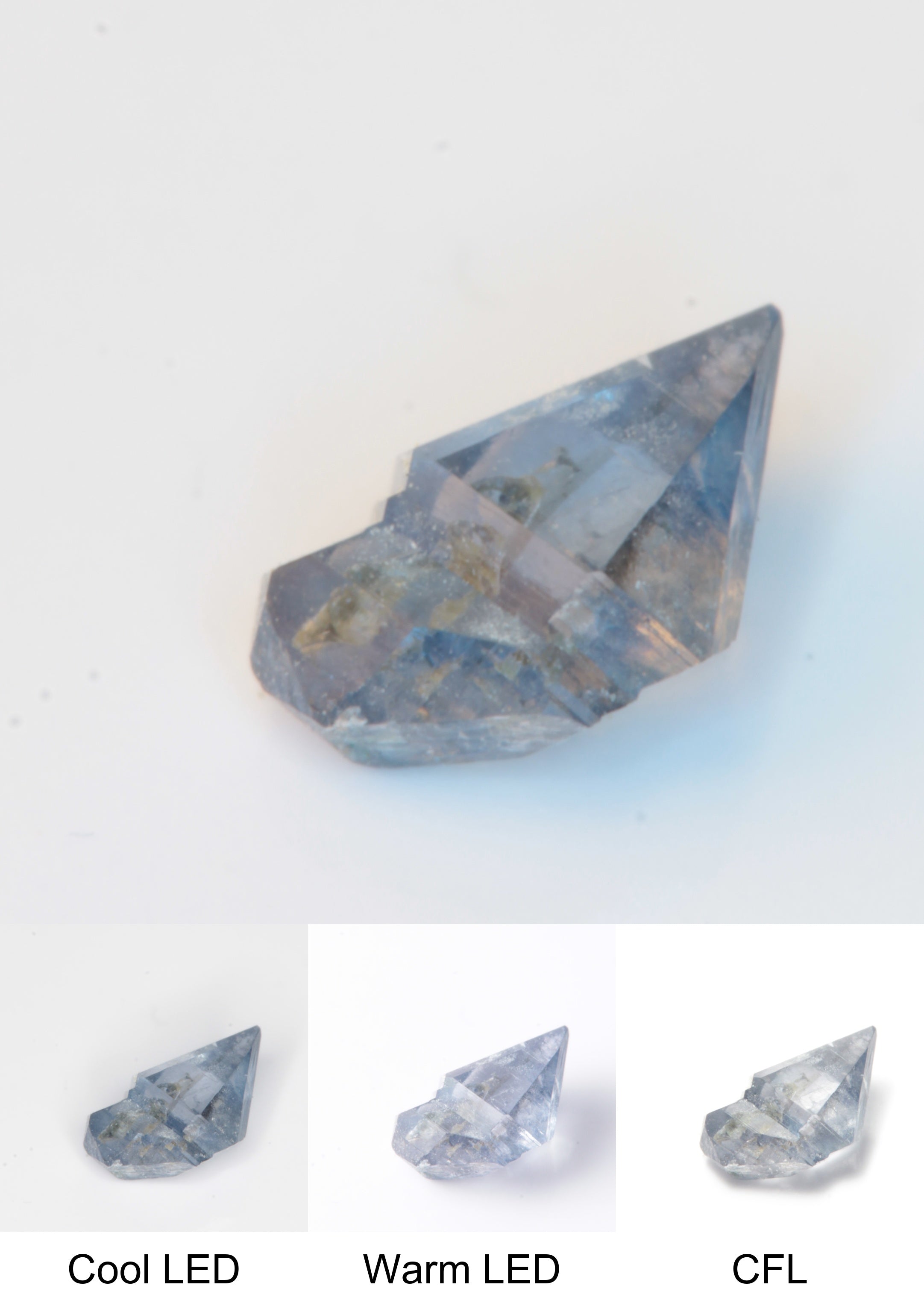 Synthetic Flux Playbutton Sapphire Gemstone Grown by Gems of Science on a white background showing color shift under different lighting