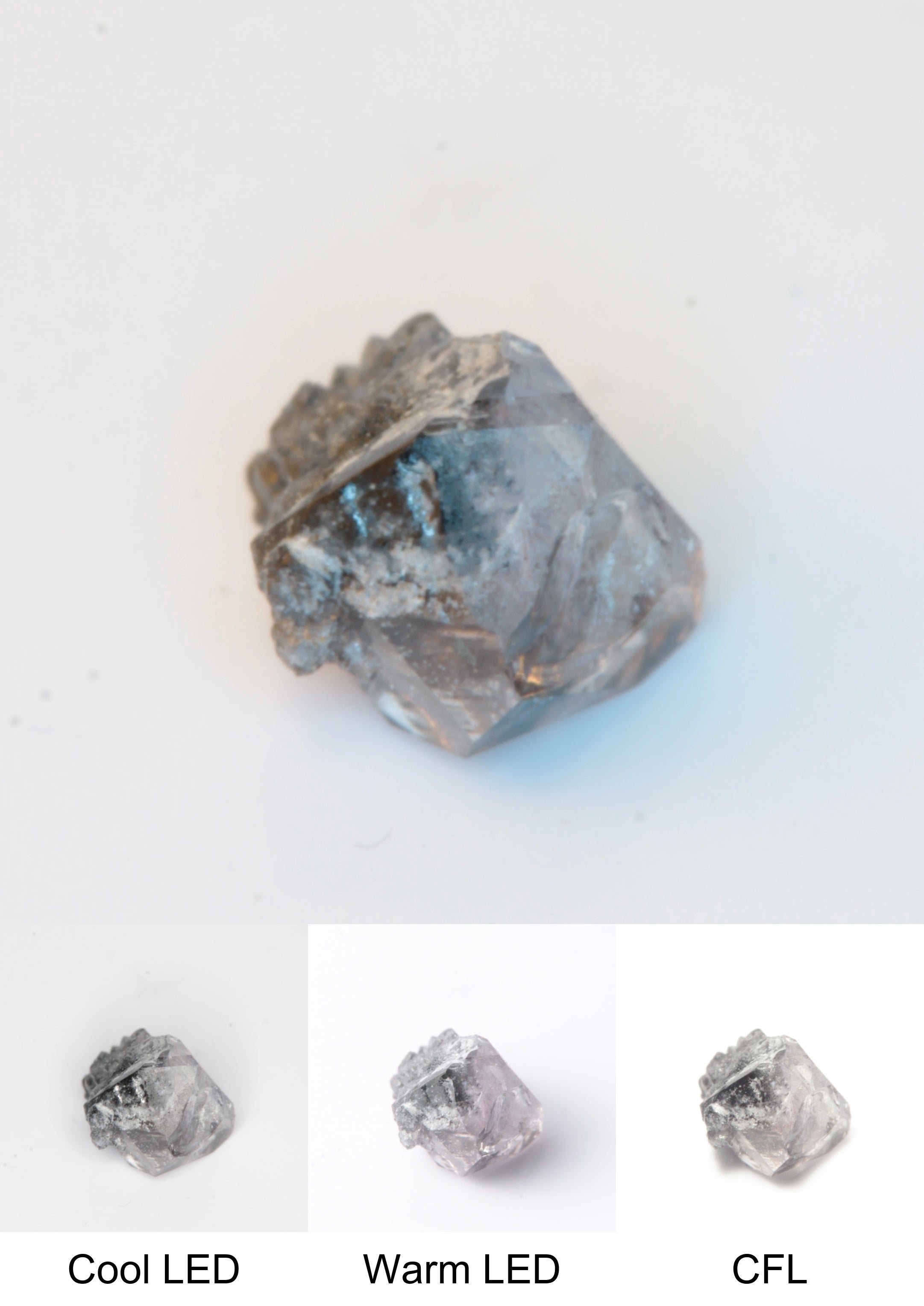Synthetic Flux Playbutton Sapphire Gemstone Grown by Gems of Science on a white background showing color shift under different lighting