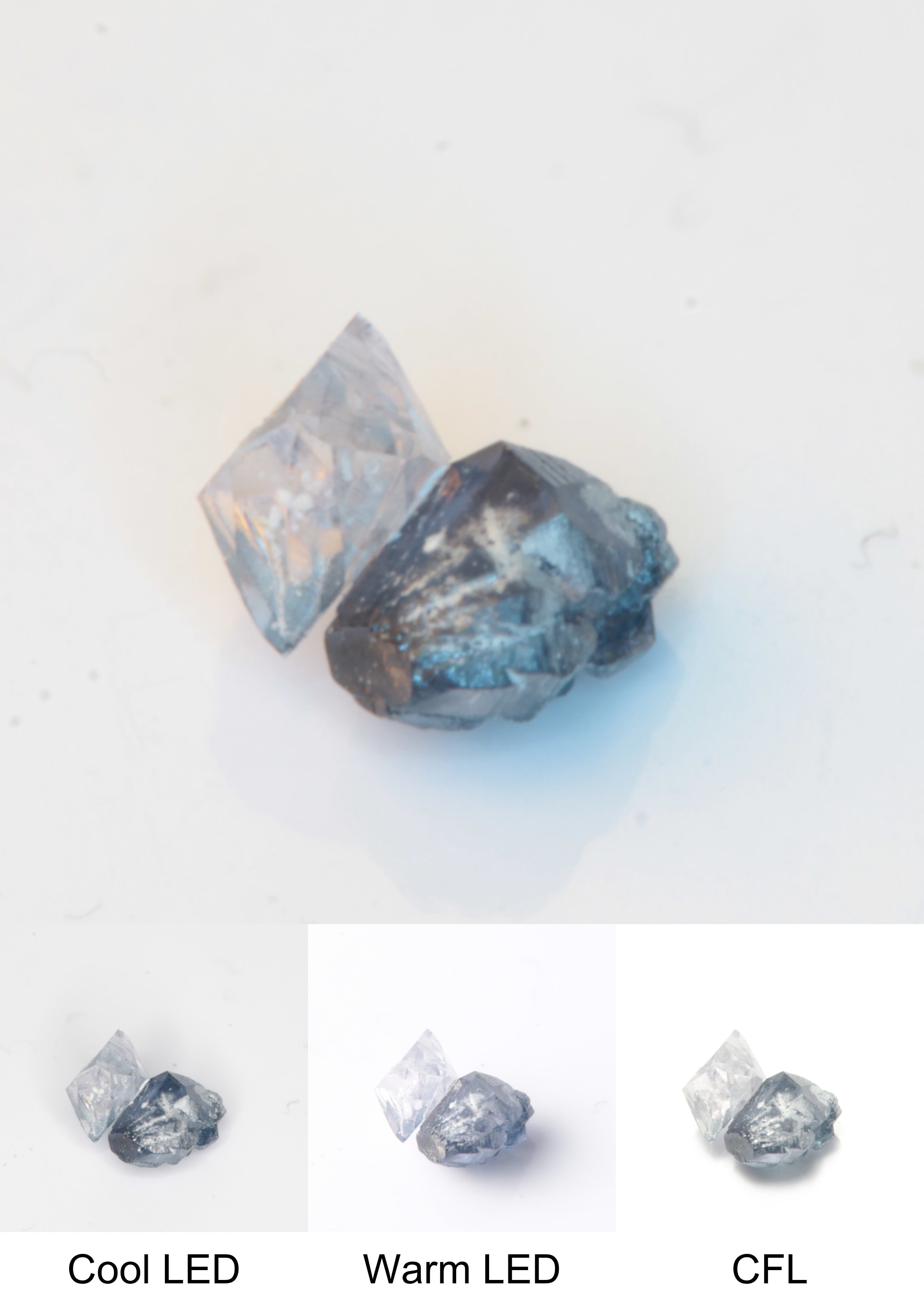 Synthetic Twin Flux Playbutton Sapphire Gemstone Grown by Gems of Science on a white background showing color shift under different lighting