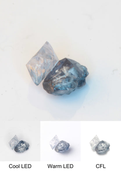 Synthetic Twin Flux Playbutton Sapphire Gemstone Grown by Gems of Science on a white background showing color shift under different lighting