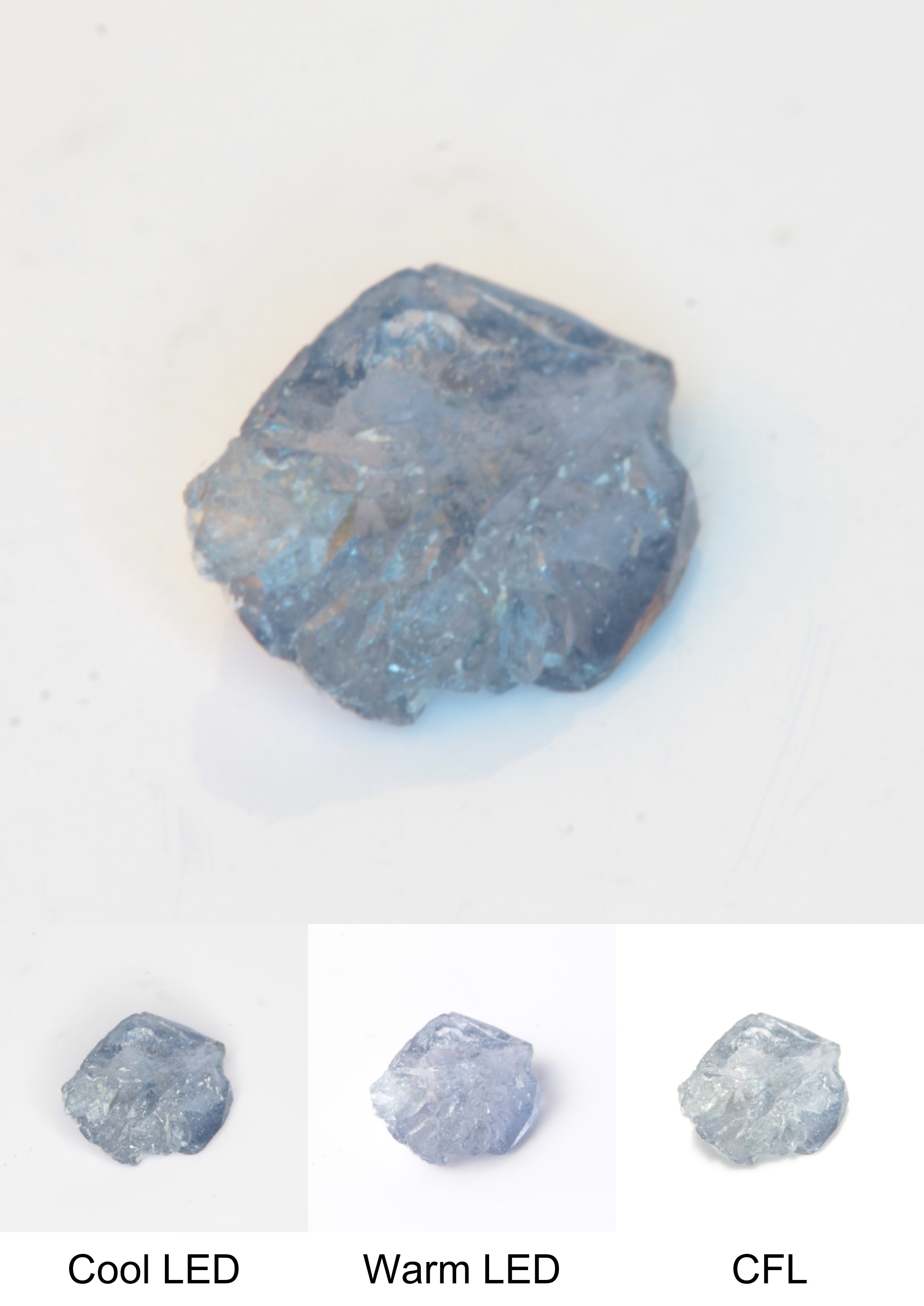 Synthetic Flux Playbutton Sapphire Gemstone Grown by Gems of Science on a white background showing color shift under different lighting