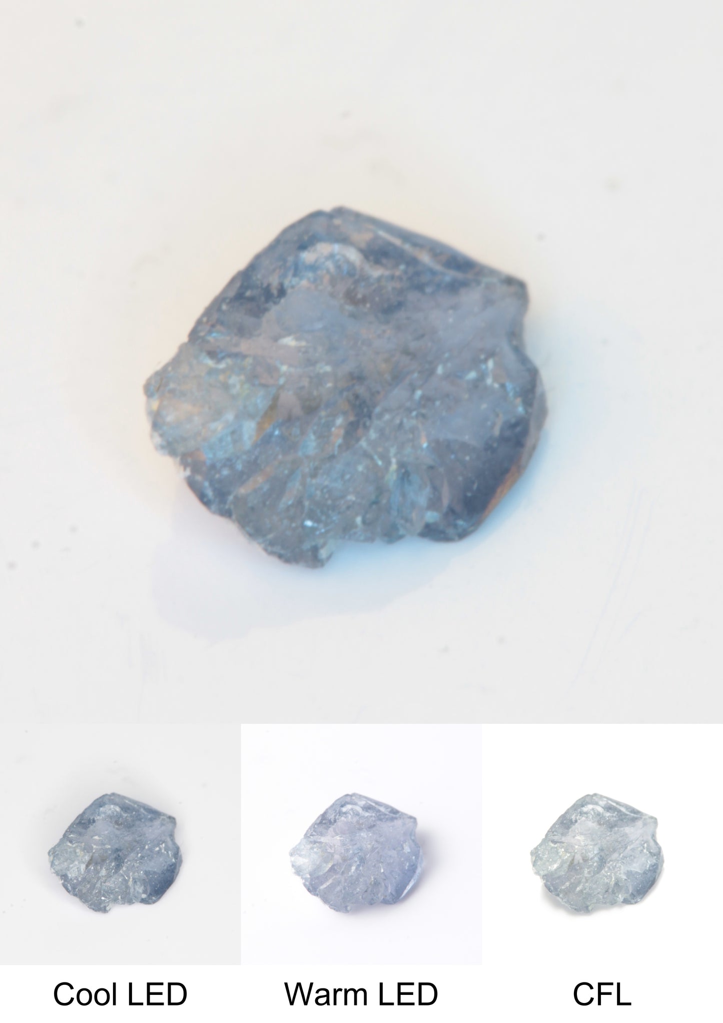 Synthetic Flux Playbutton Sapphire Gemstone Grown by Gems of Science on a white background showing color shift under different lighting