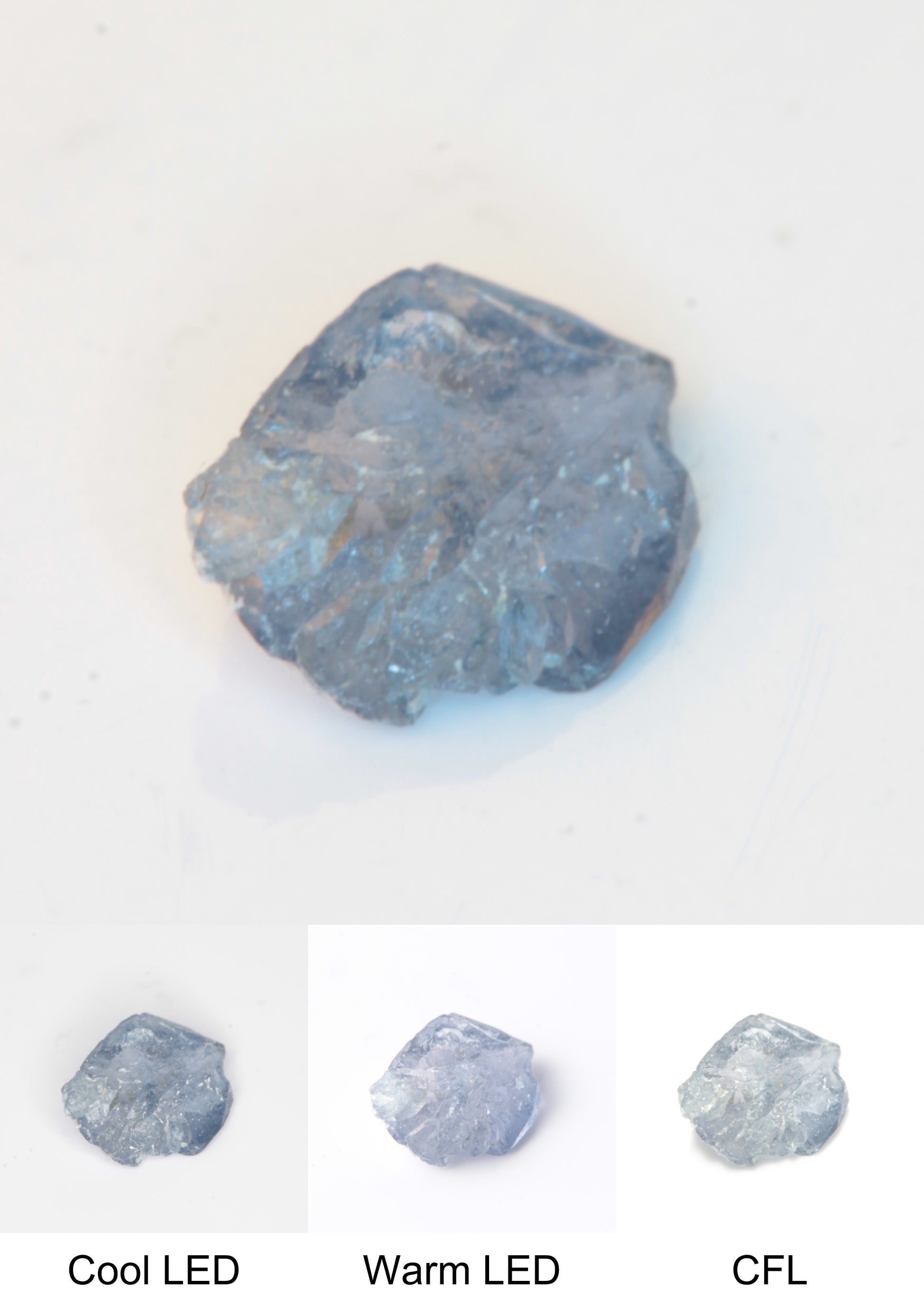 Synthetic Flux Playbutton Sapphire Gemstone Grown by Gems of Science on a white background showing color shift under different lighting