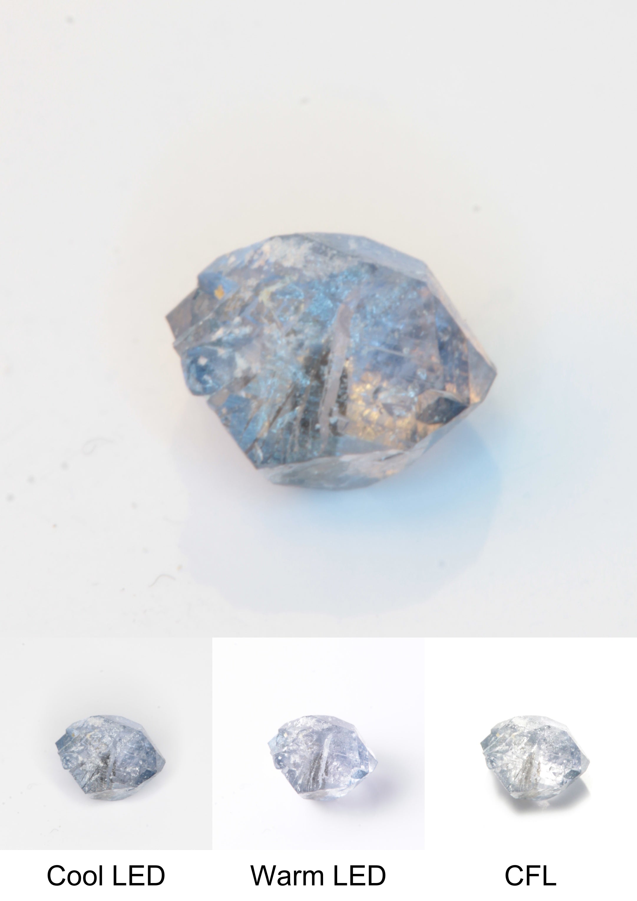Synthetic Flux Playbutton Sapphire Gemstone Grown by Gems of Science on a white background showing color shift under different lighting