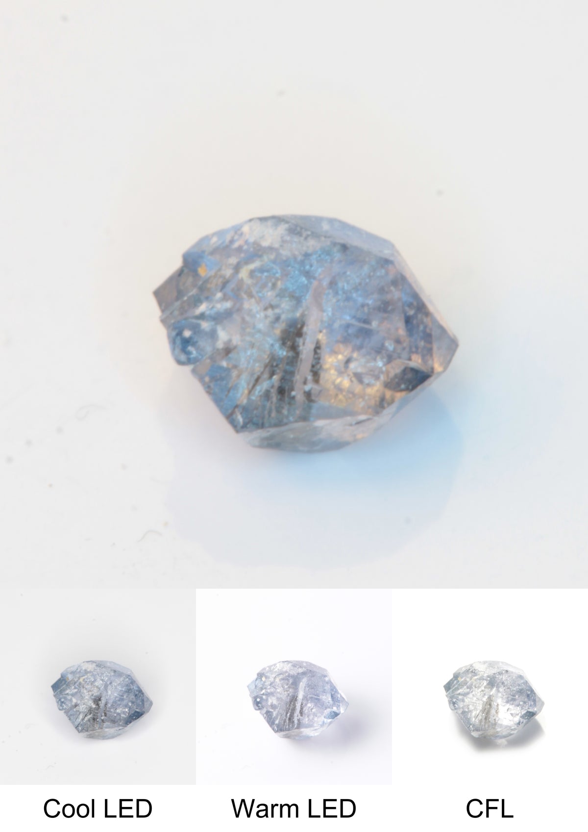Synthetic Flux Playbutton Sapphire Gemstone Grown by Gems of Science on a white background showing color shift under different lighting