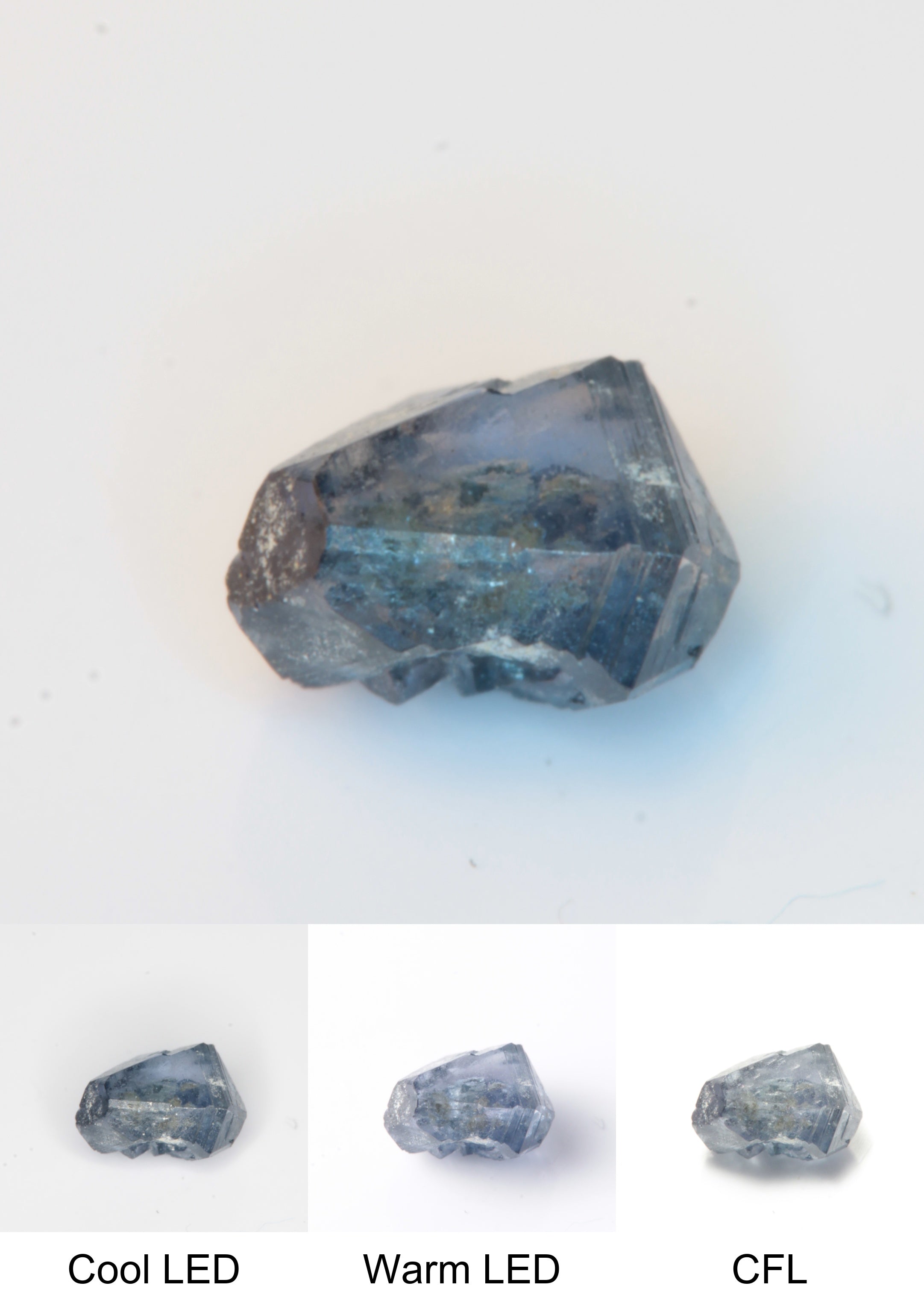 Synthetic Flux Playbutton Sapphire Gemstone Grown by Gems of Science on a white background showing color shift under different lighting
