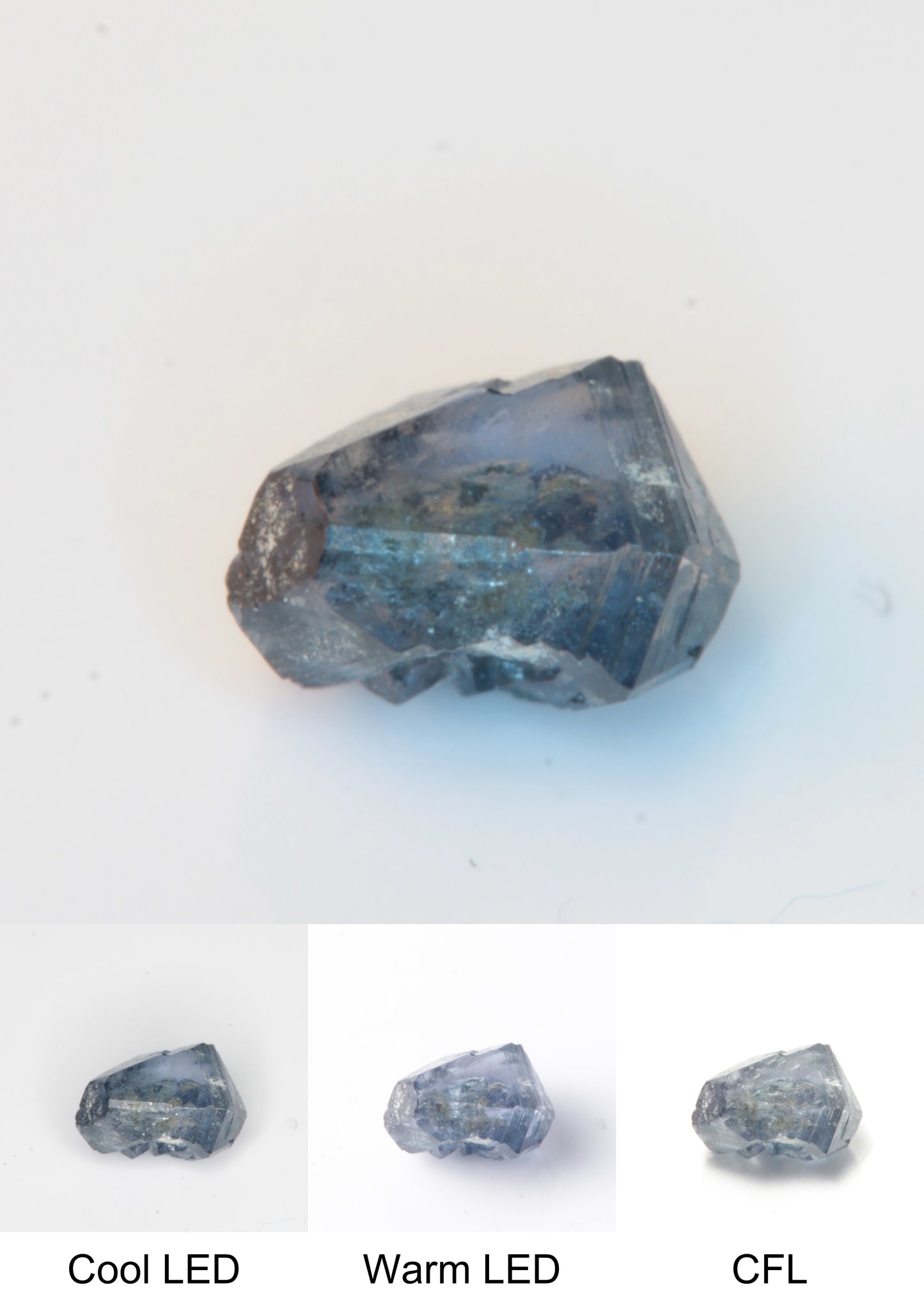 Synthetic Flux Playbutton Sapphire Gemstone Grown by Gems of Science on a white background showing color shift under different lighting