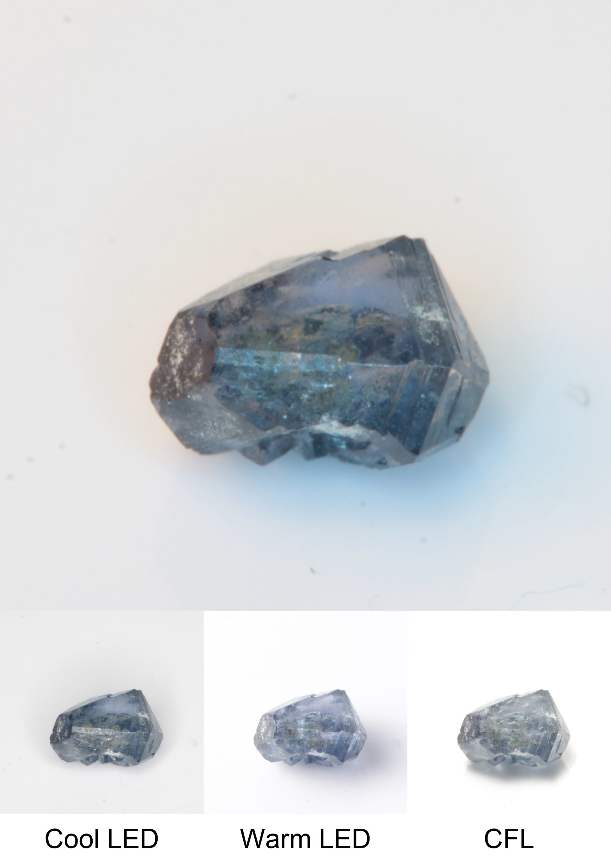 Synthetic Flux Playbutton Sapphire Gemstone Grown by Gems of Science on a white background showing color shift under different lighting