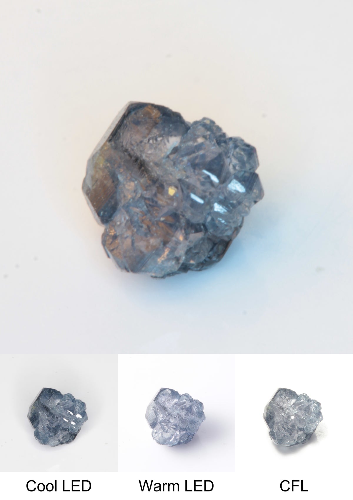 Synthetic Flux Playbutton Sapphire Gemstone Grown by Gems of Science on a white background showing color shift under different lighting