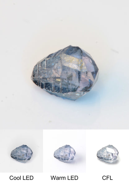 Synthetic Flux Playbutton Sapphire Gemstone Grown by Gems of Science on a white background showing color shift under different lighting