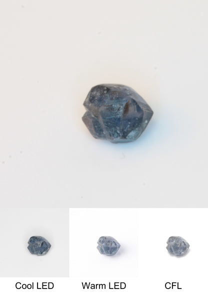 Synthetic Flux Playbutton Sapphire Gemstone Grown by Gems of Science on a white background showing color shift under different lighting