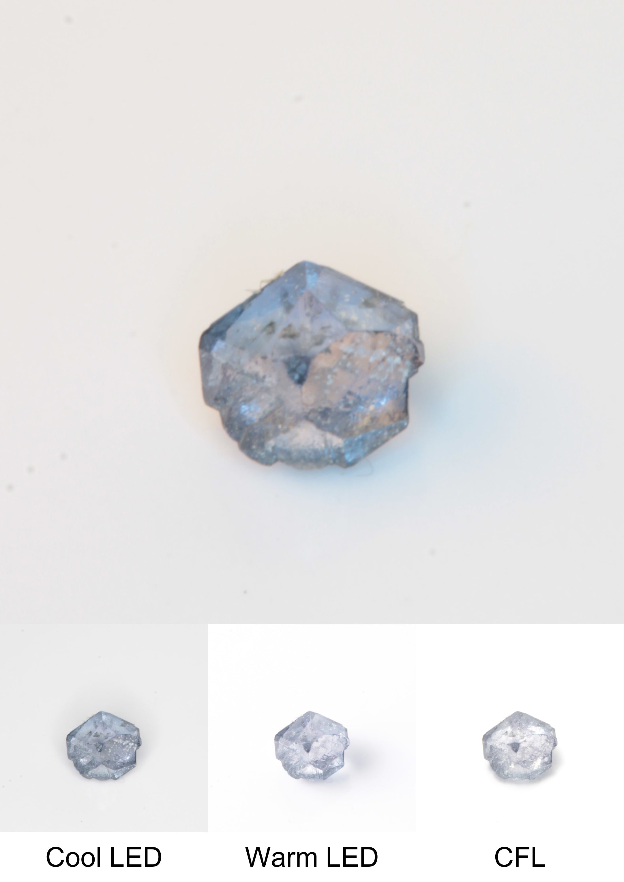 Synthetic Flux Playbutton Sapphire Gemstone Grown by Gems of Science on a white background showing color shift under different lighting