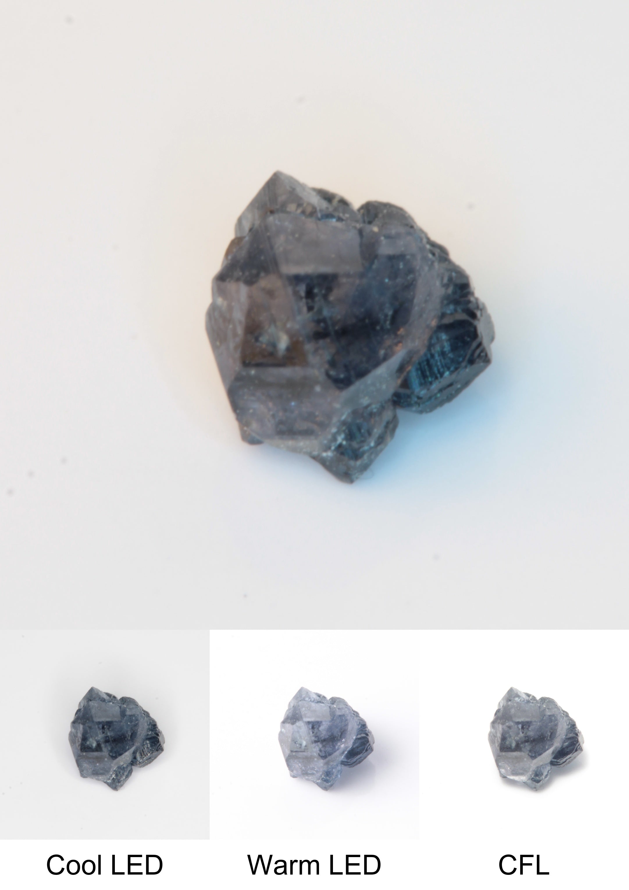 Synthetic Flux Playbutton Sapphire Gemstone Grown by Gems of Science on a white background showing color shift under different lighting
