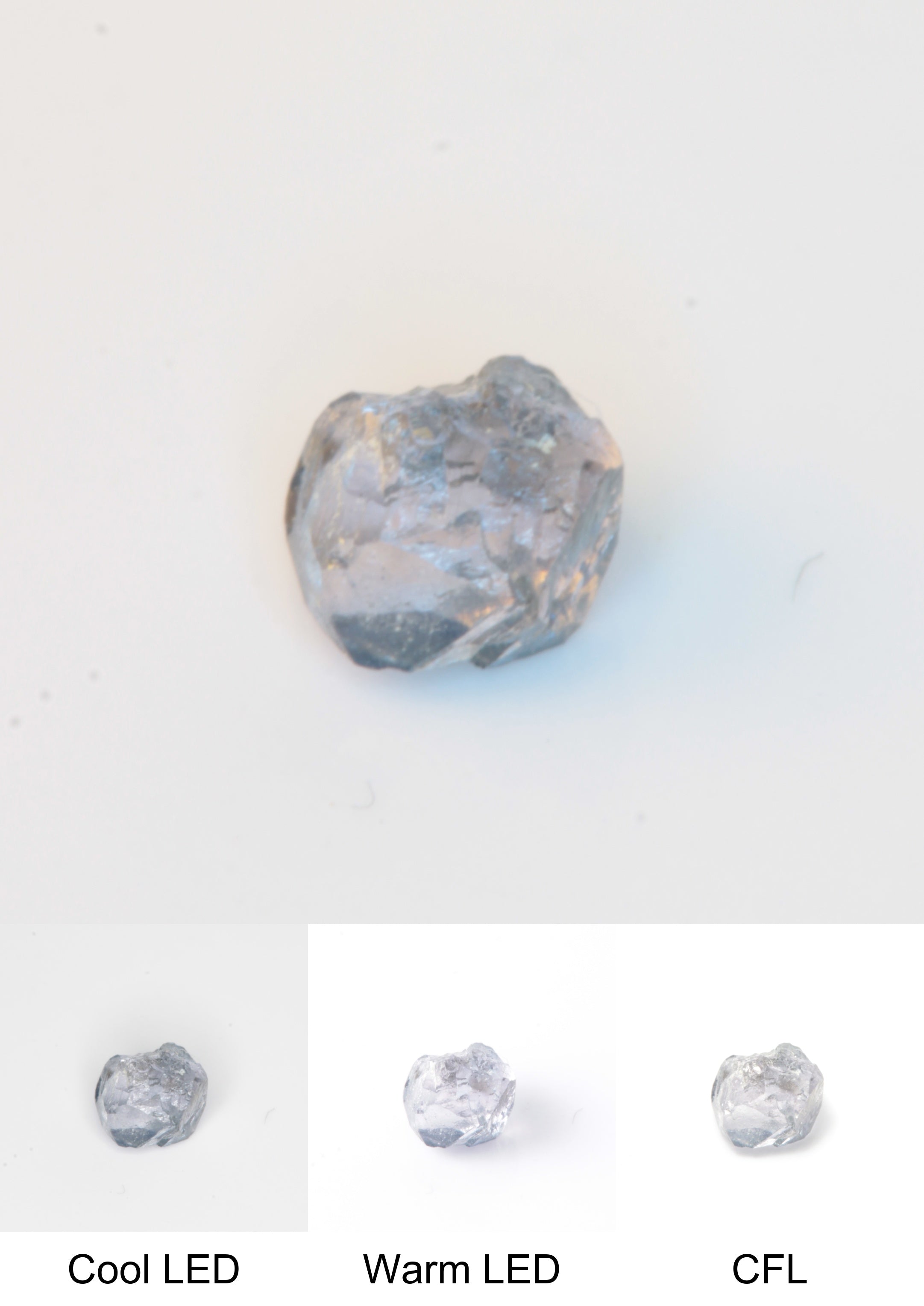 Synthetic Flux Playbutton Sapphire Gemstone Grown by Gems of Science on a white background showing color shift under different lighting
