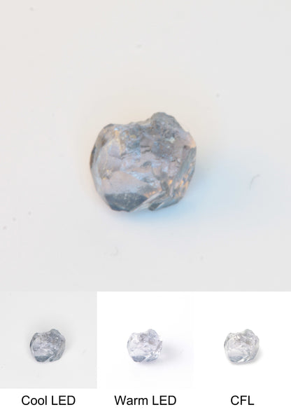 Synthetic Flux Playbutton Sapphire Gemstone Grown by Gems of Science on a white background showing color shift under different lighting