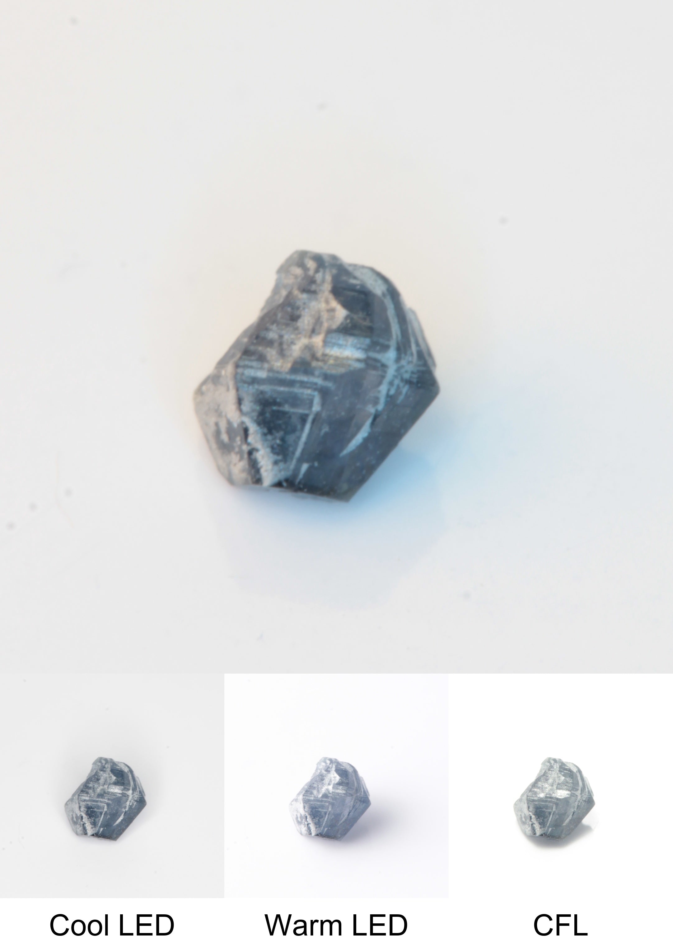 Synthetic Flux Playbutton Sapphire Gemstone Grown by Gems of Science on a white background showing color shift under different lighting