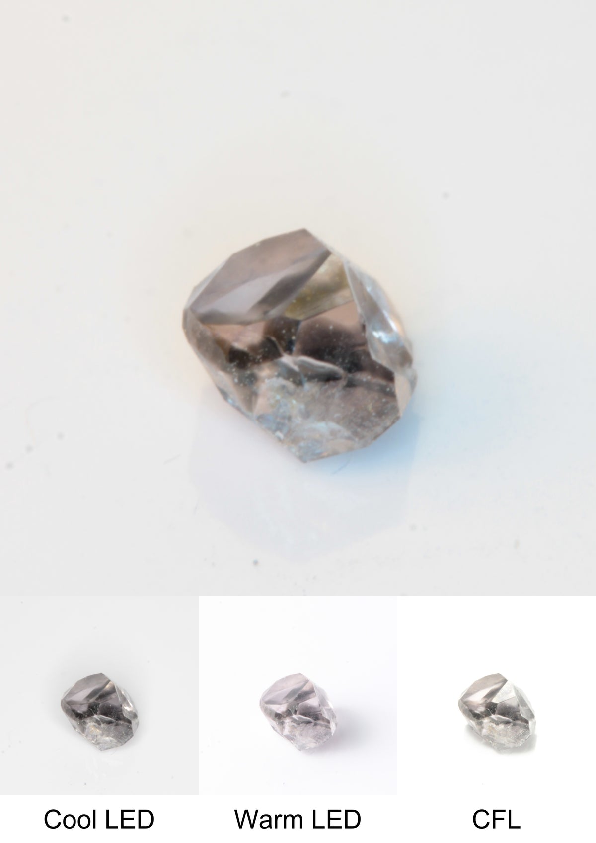 Synthetic Flux Playbutton Sapphire Gemstone Grown by Gems of Science on a white background showing color shift under different lighting