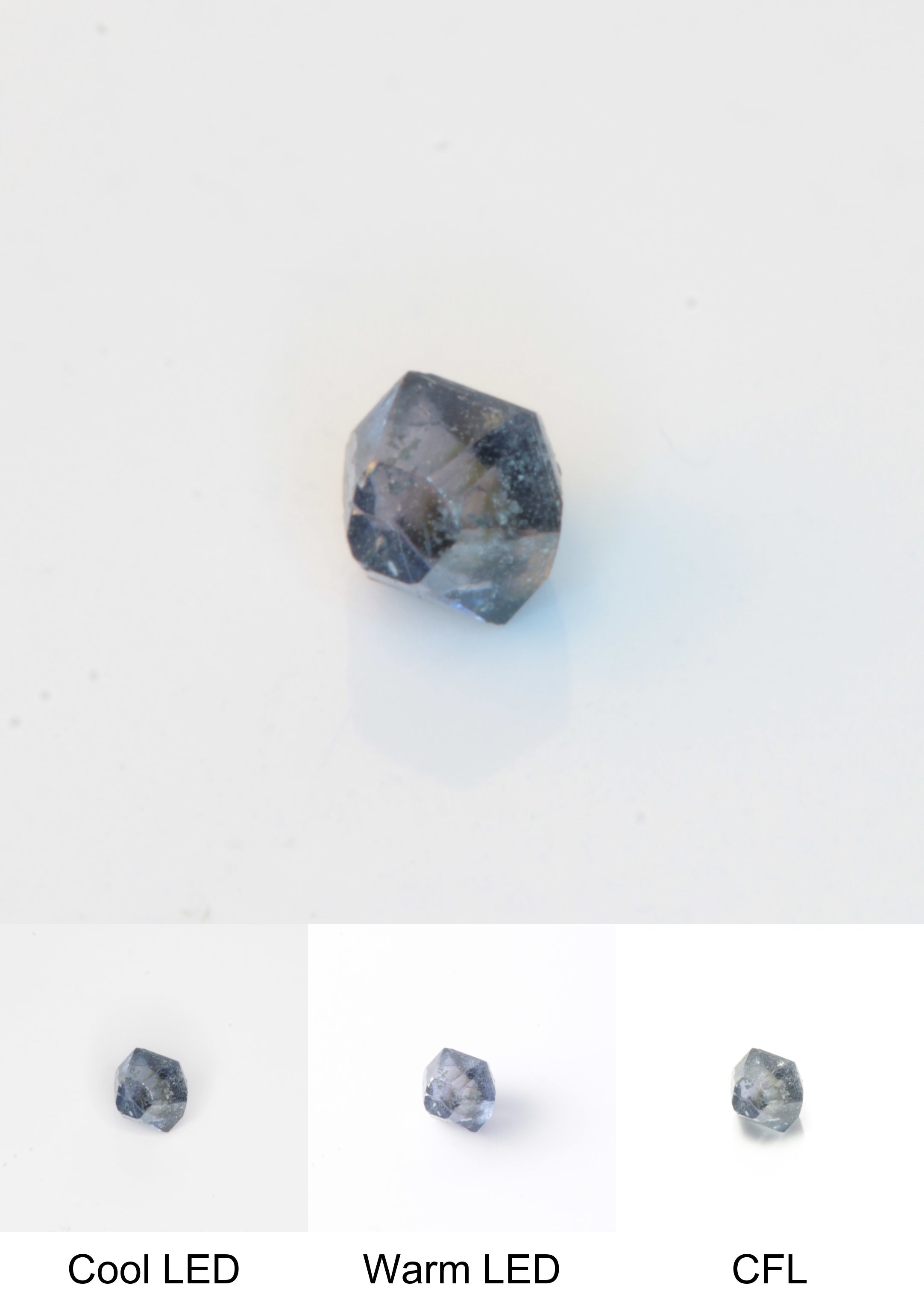 Synthetic Flux Playbutton Sapphire Gemstone Grown by Gems of Science on a white background showing color shift under different lighting