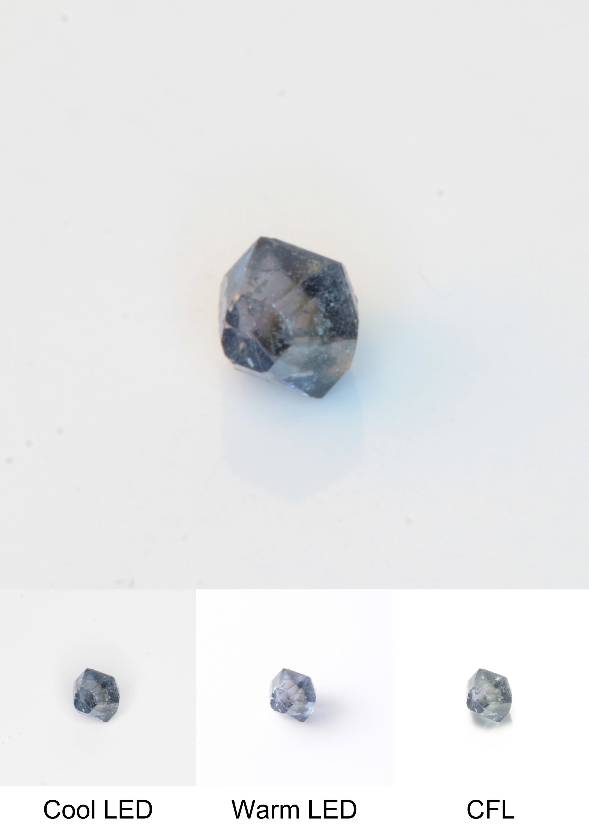 Synthetic Flux Playbutton Sapphire Gemstone Grown by Gems of Science on a white background showing color shift under different lighting