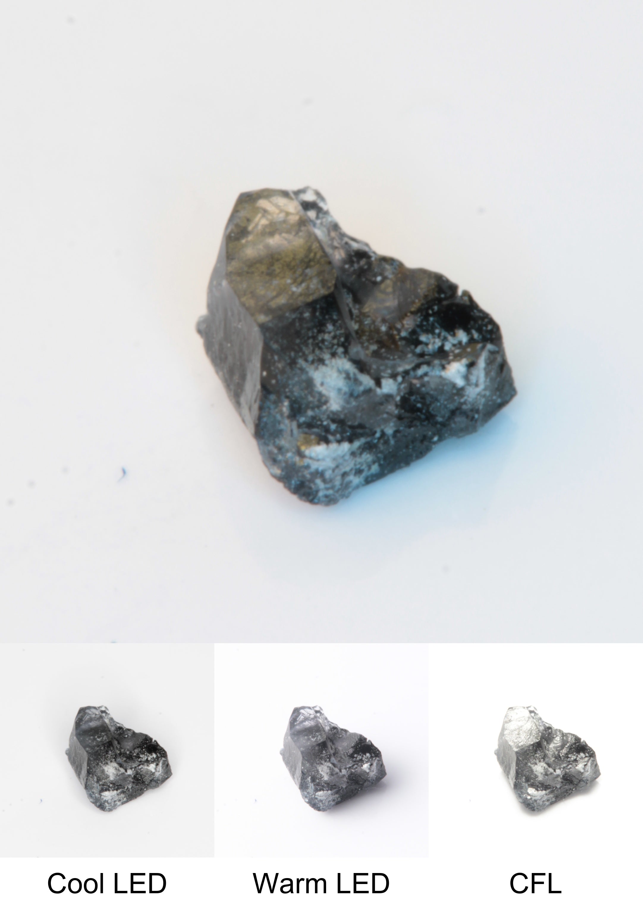 Synthetic Flux Playbutton Sapphire Gemstone Grown by Gems of Science on a white background showing color shift under different lighting