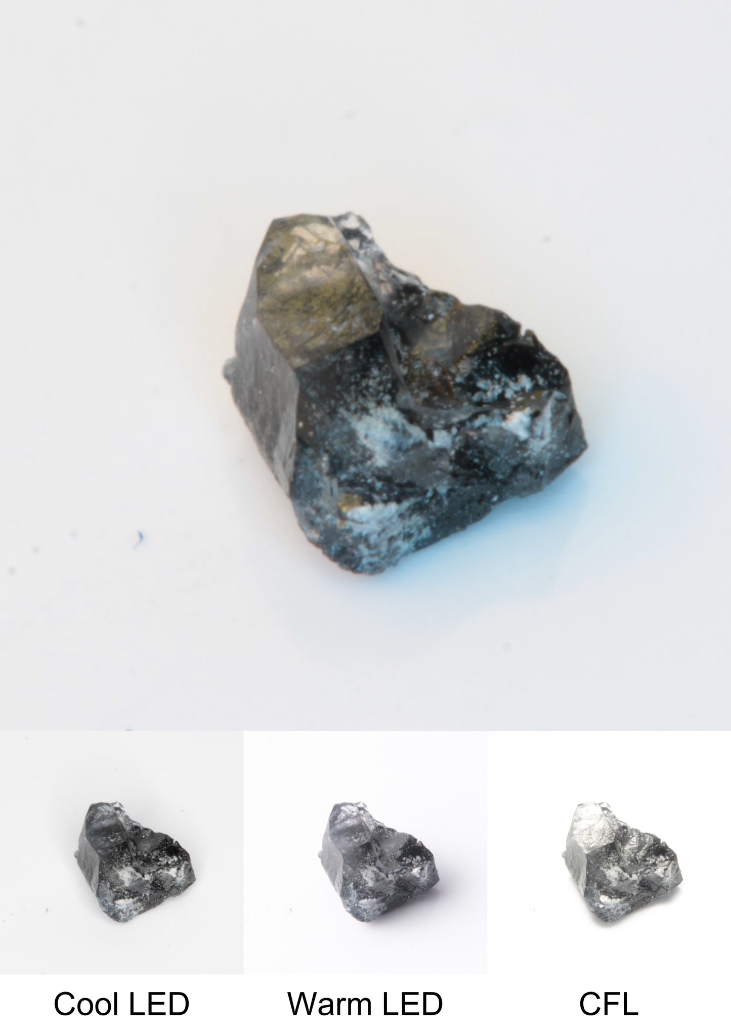 Synthetic Flux Playbutton Sapphire Gemstone Grown by Gems of Science on a white background showing color shift under different lighting