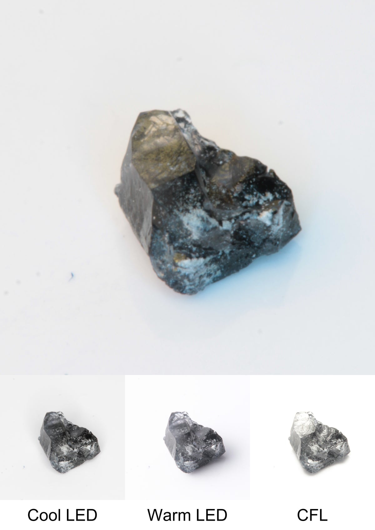 Synthetic Flux Playbutton Sapphire Gemstone Grown by Gems of Science on a white background showing color shift under different lighting