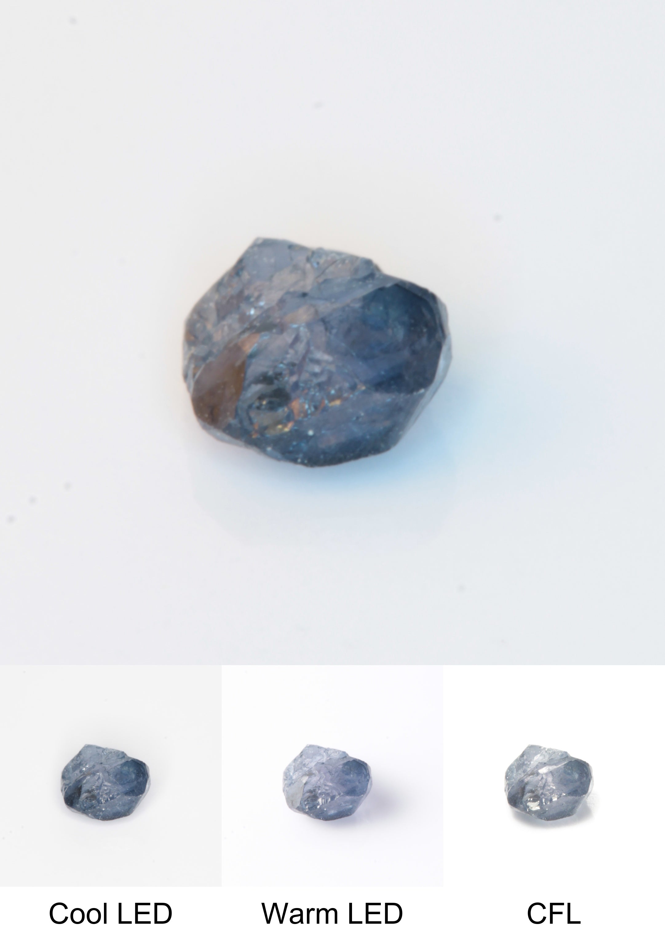 Synthetic Flux Playbutton Sapphire Gemstone Grown by Gems of Science on a white background showing color shift under different lighting