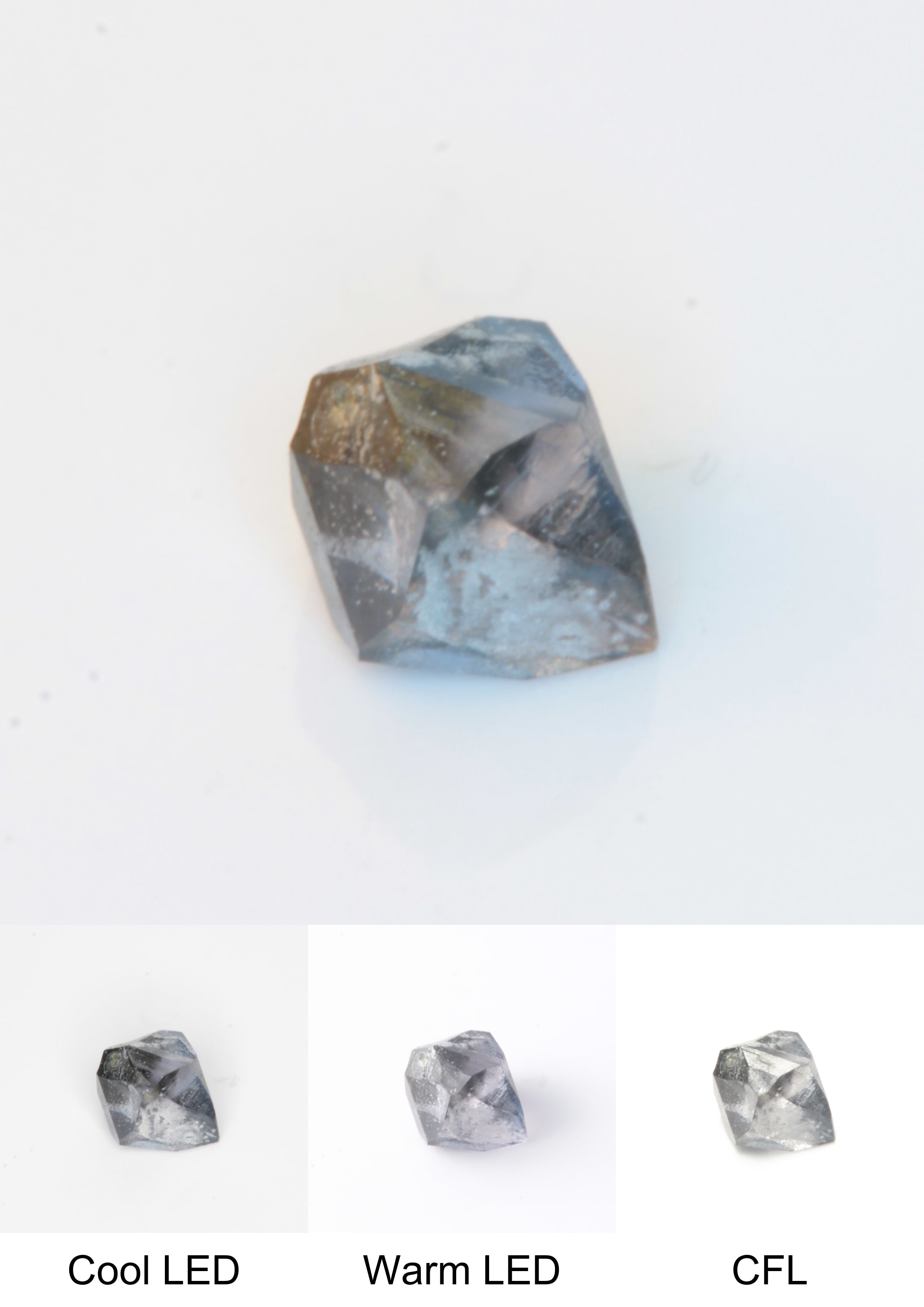 Synthetic Flux Playbutton Sapphire Gemstone Grown by Gems of Science on a white background showing color shift under different lighting