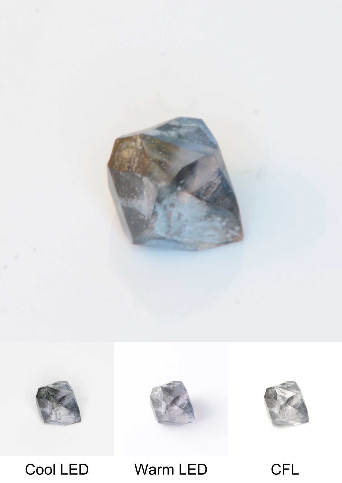 Synthetic Flux Playbutton Sapphire Gemstone Grown by Gems of Science on a white background showing color shift under different lighting