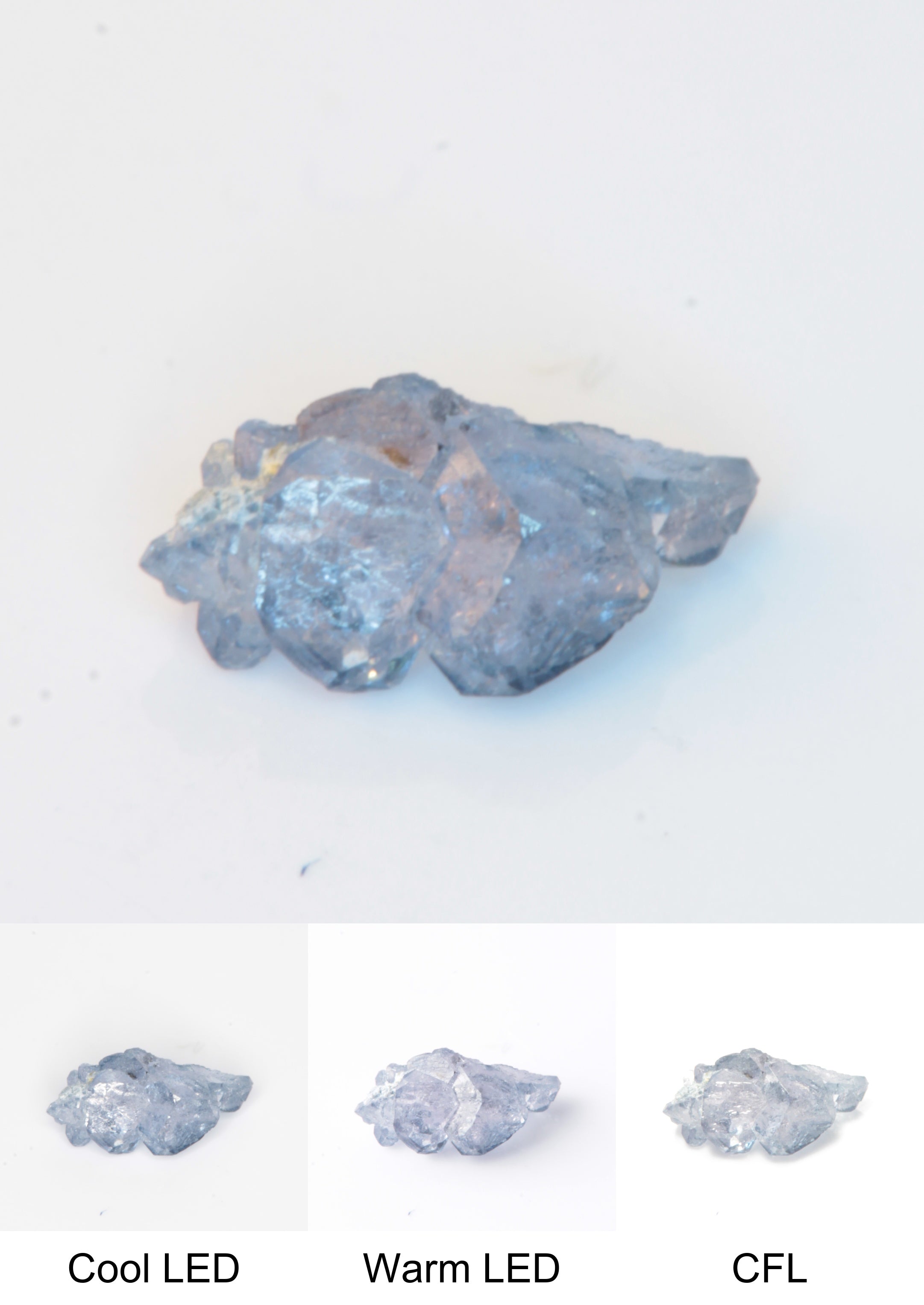 Synthetic Thin Flux Playbutton Sapphire Gemstone Grown by Gems of Science on a white background showing color shift under different lighting