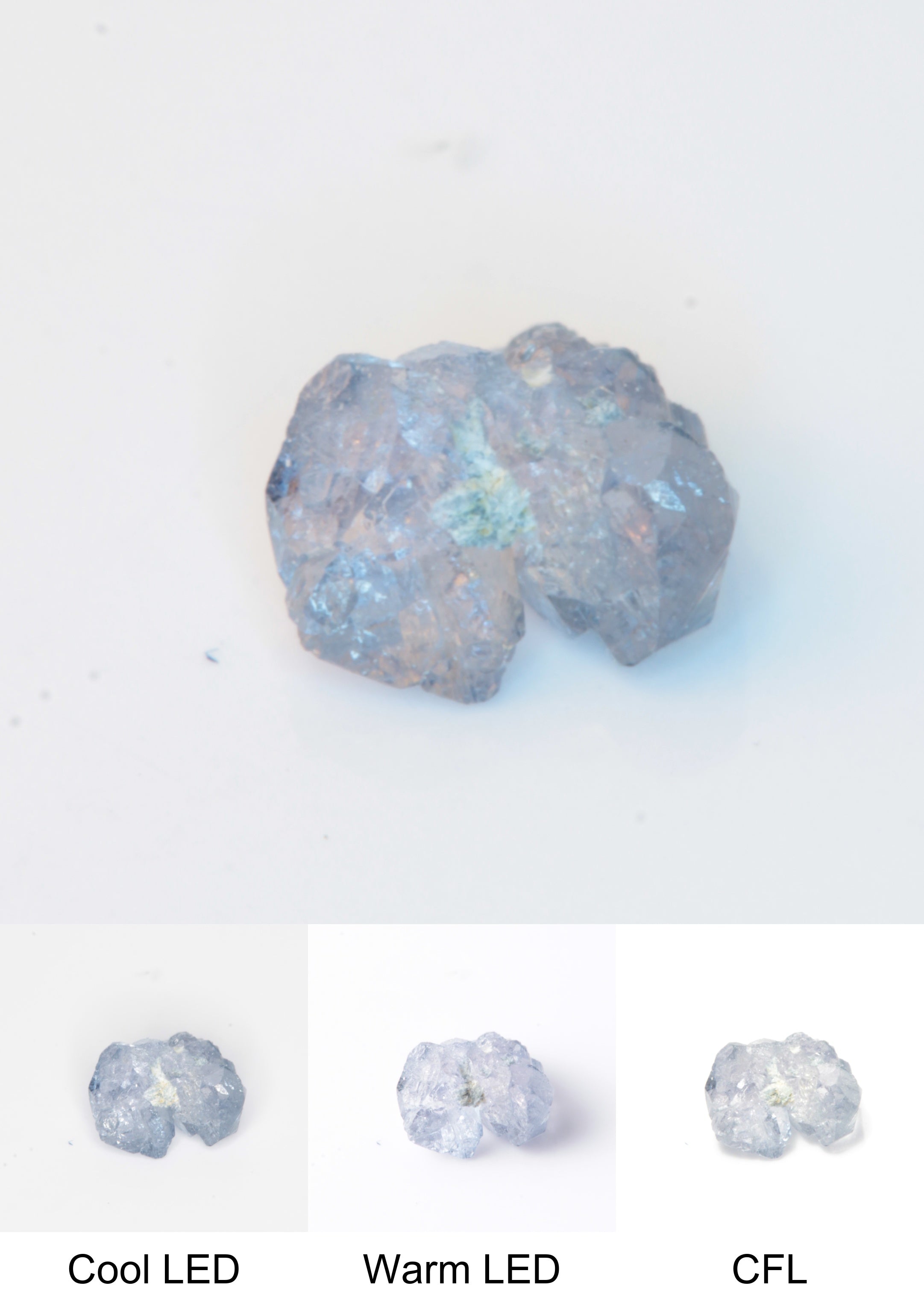 Synthetic Flux Playbutton Sapphire Gemstone Grown by Gems of Science on a white background showing color shift under different lighting