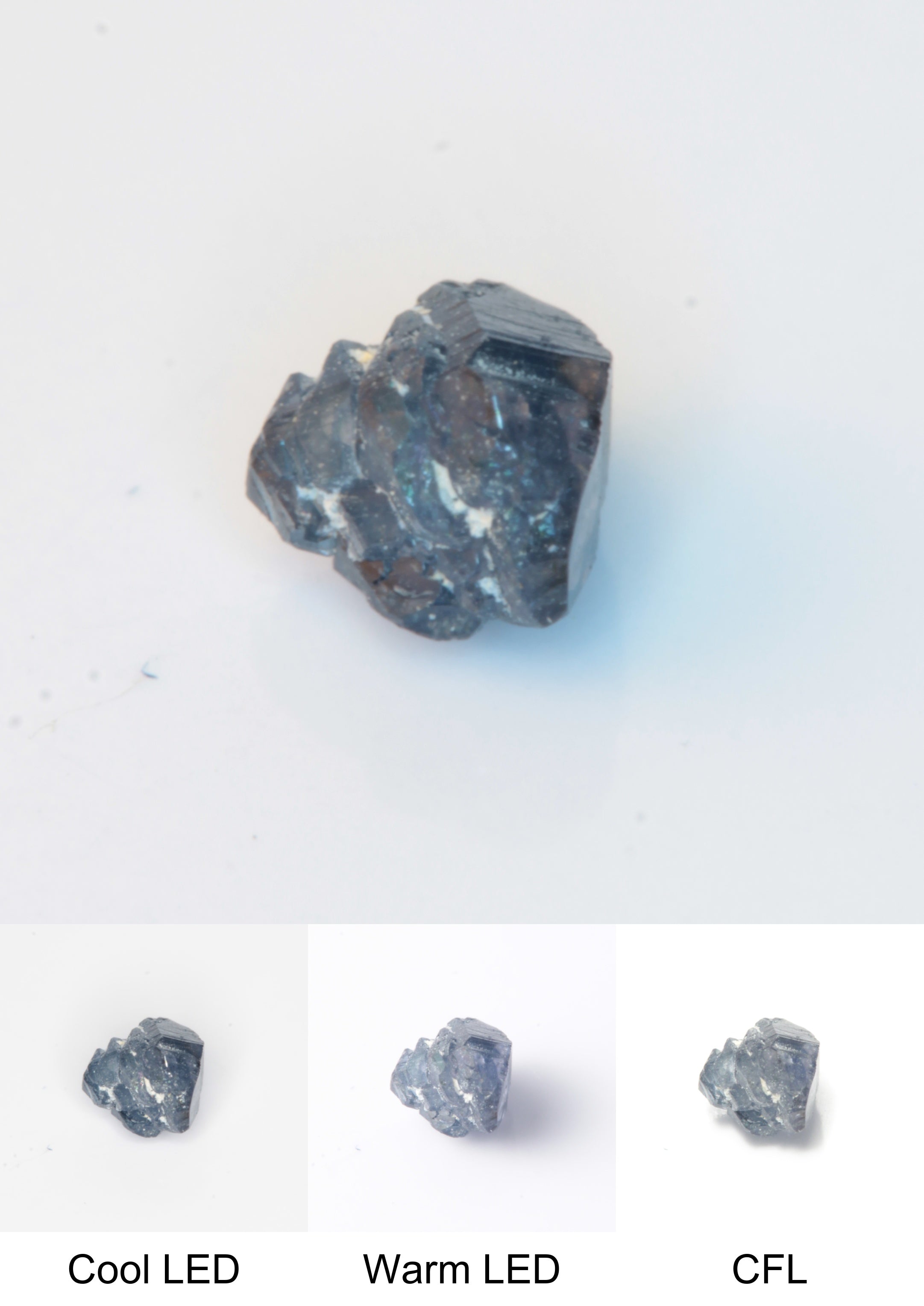 Synthetic Flux Playbutton Sapphire Cluster Gemstone Grown by Gems of Science on a white background showing color shift under different lighting